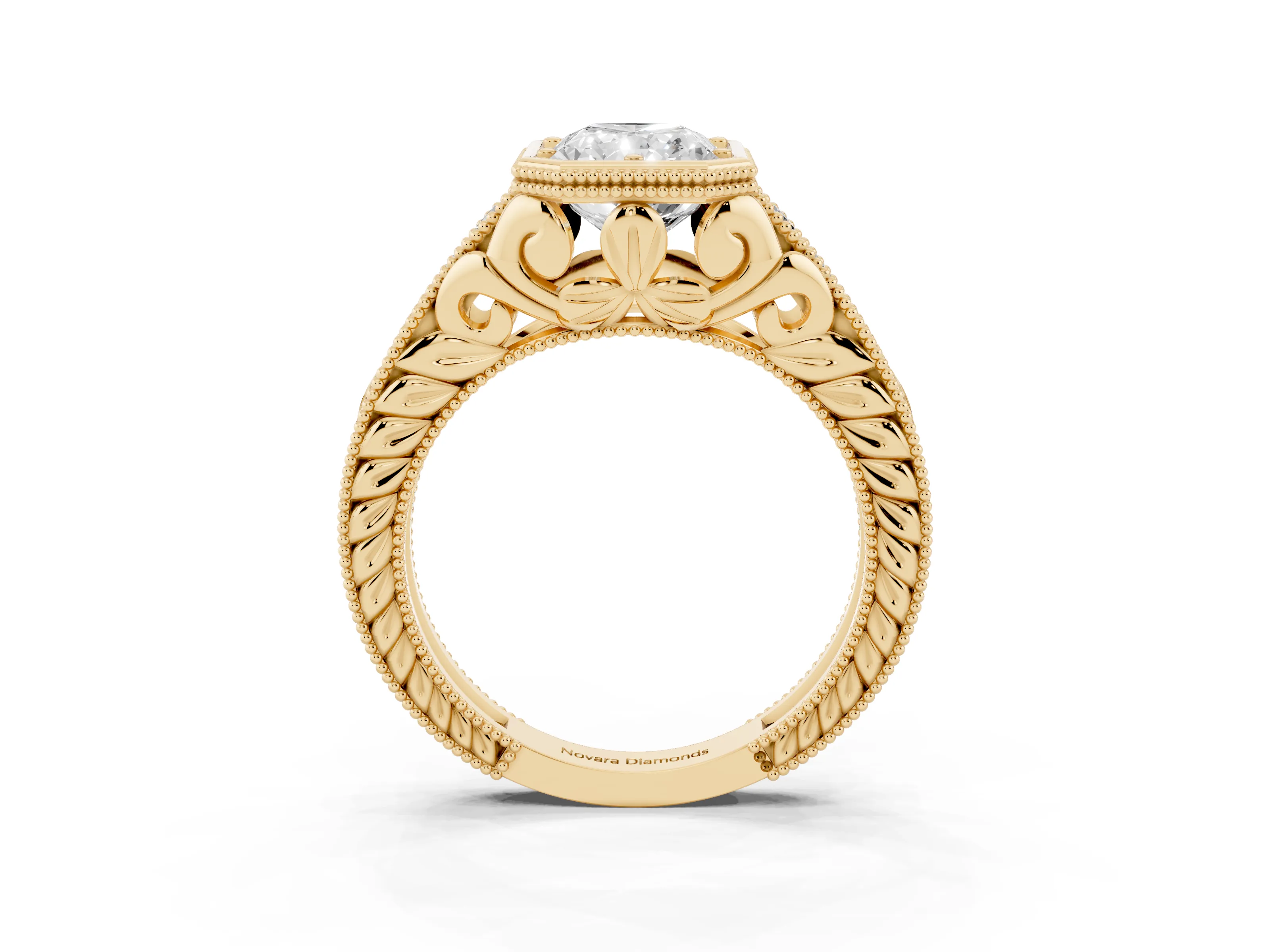 Bezel Set Radiant Cut Diamond Milgrain Pavé Engagement Ring Set in Yellow gold