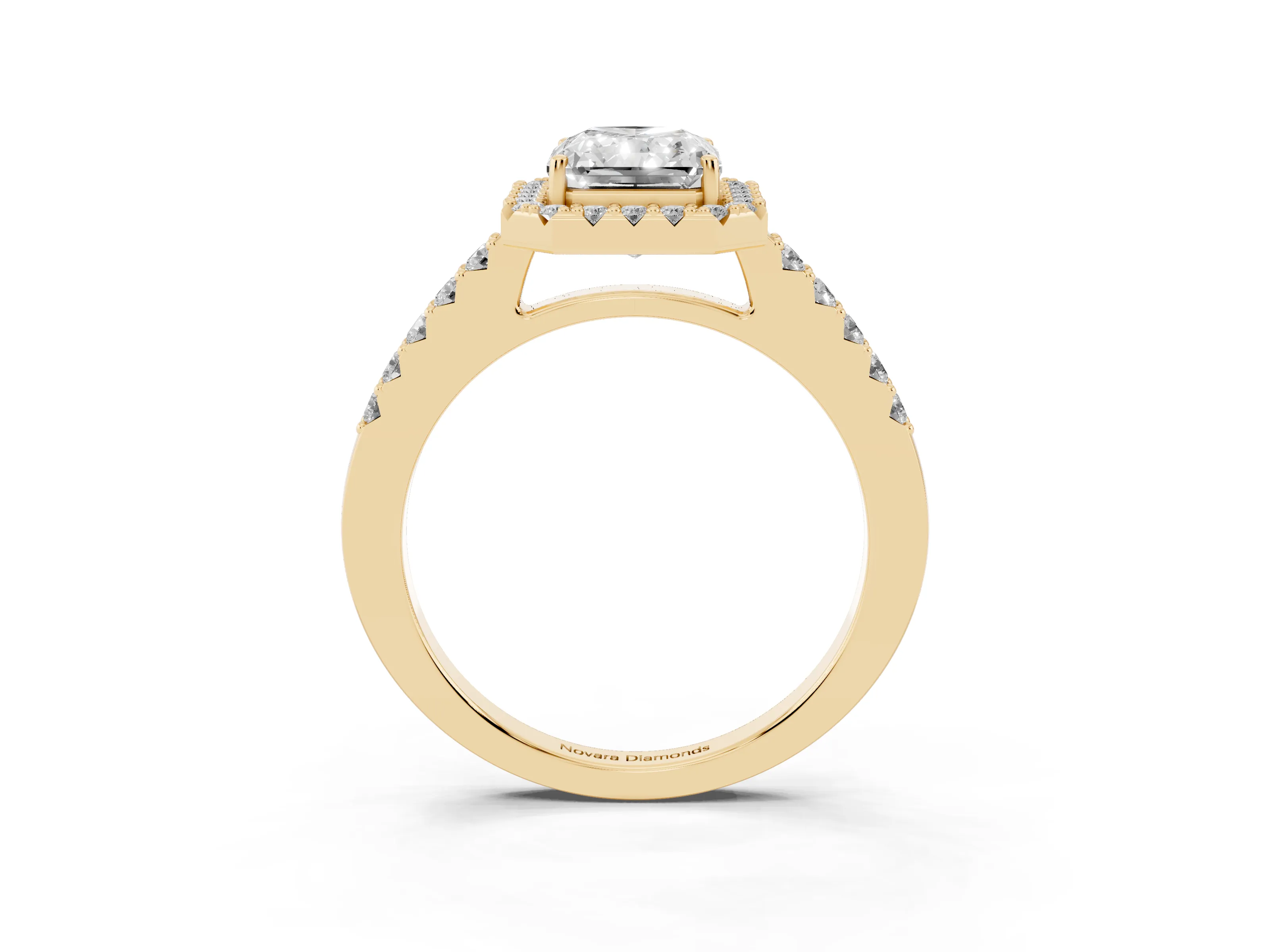 Radiant Cut Diamond Halo Pavé Solitaire Ring Set in Yellow gold with Prong-Set Center Stone