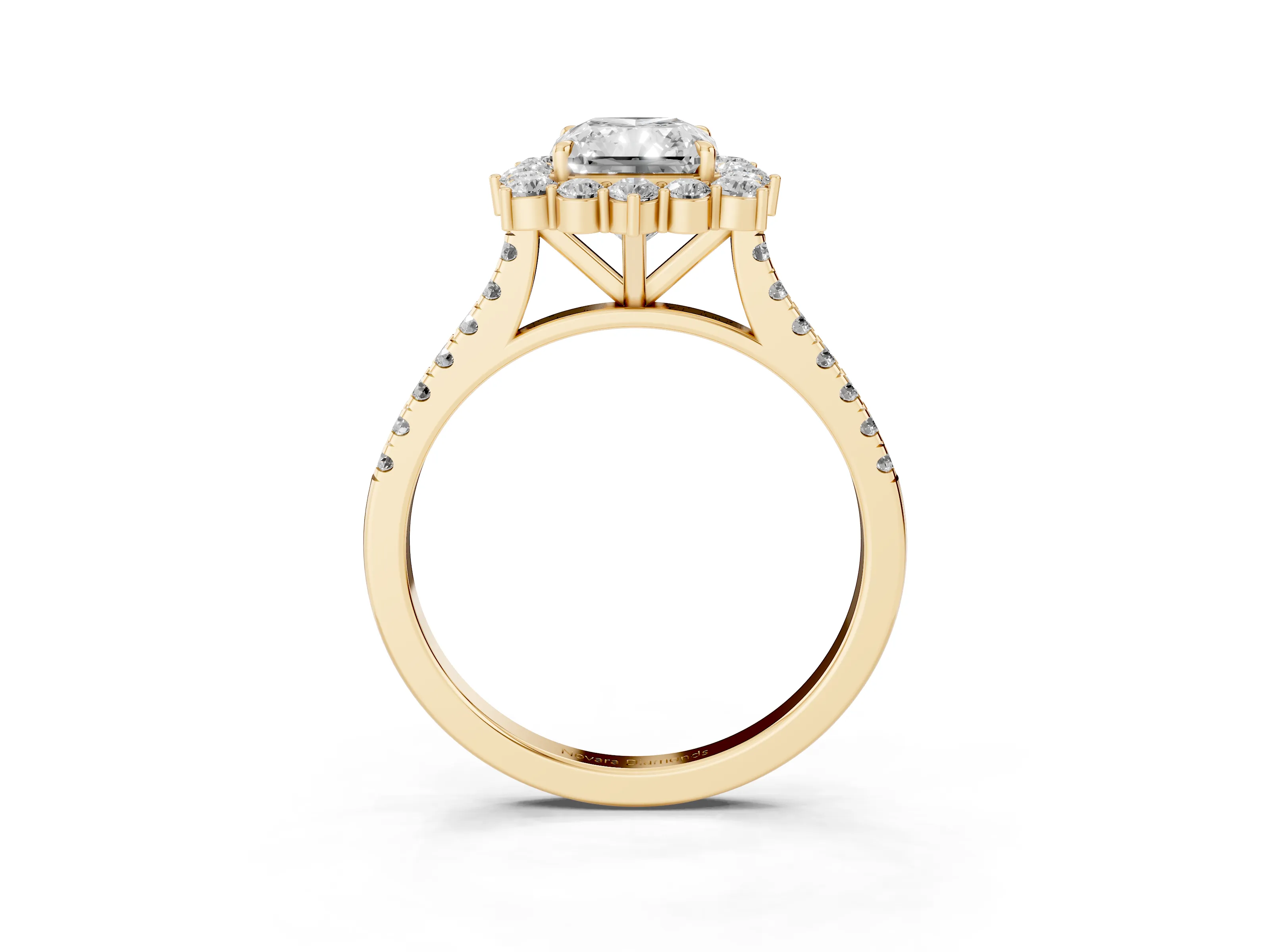 Radiant Cut Diamond Halo Ring Set in Yellow gold with Pavé Band and Prong Setting