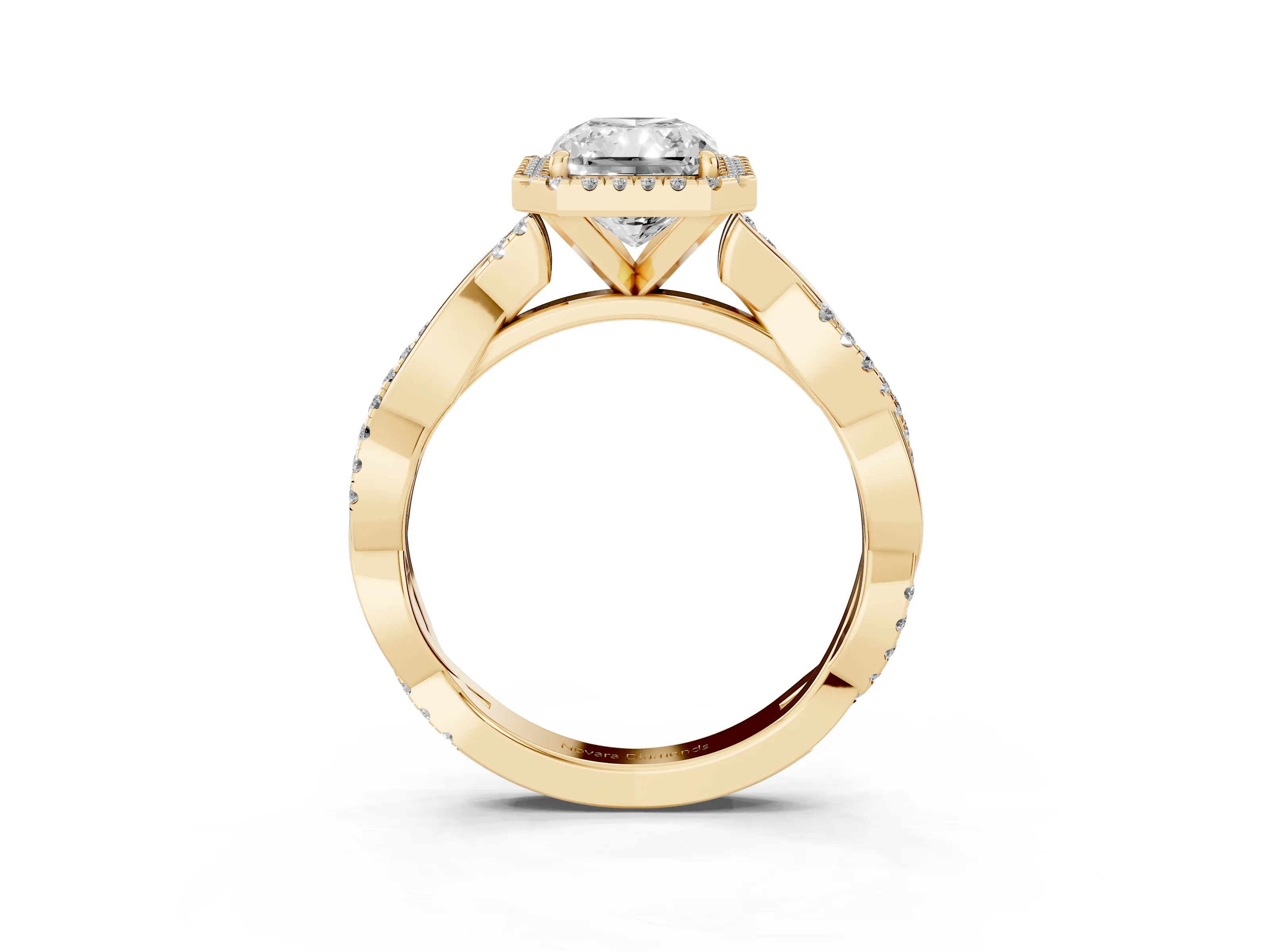 Radiant Cut Diamond Halo Twisted Band Ring Set in Yellow gold with Prong Setting