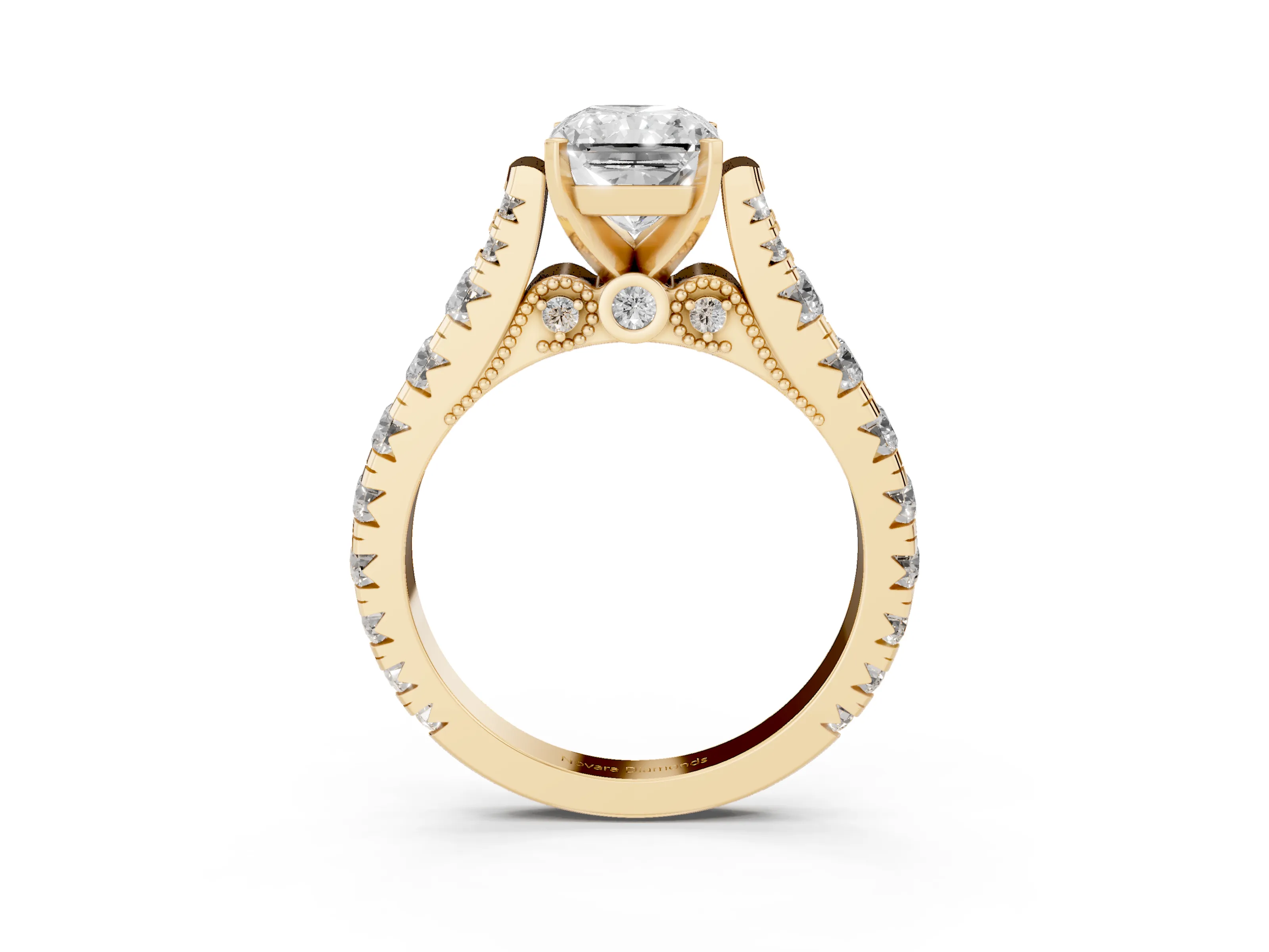 Radiant Cut Diamond Classic Solitaire Ring Set in Yellow gold with Pavé Band and Prong Setting