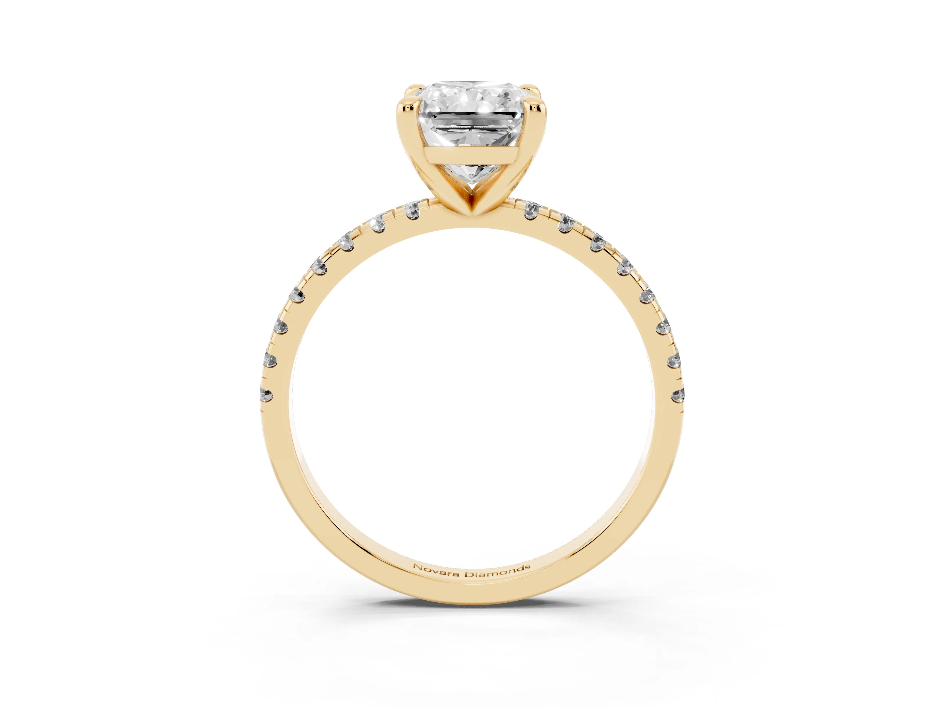 Radiant Cut Diamond Brilliant Solitaire Ring Set in Yellow gold with Pavé Band and Prong Setting
