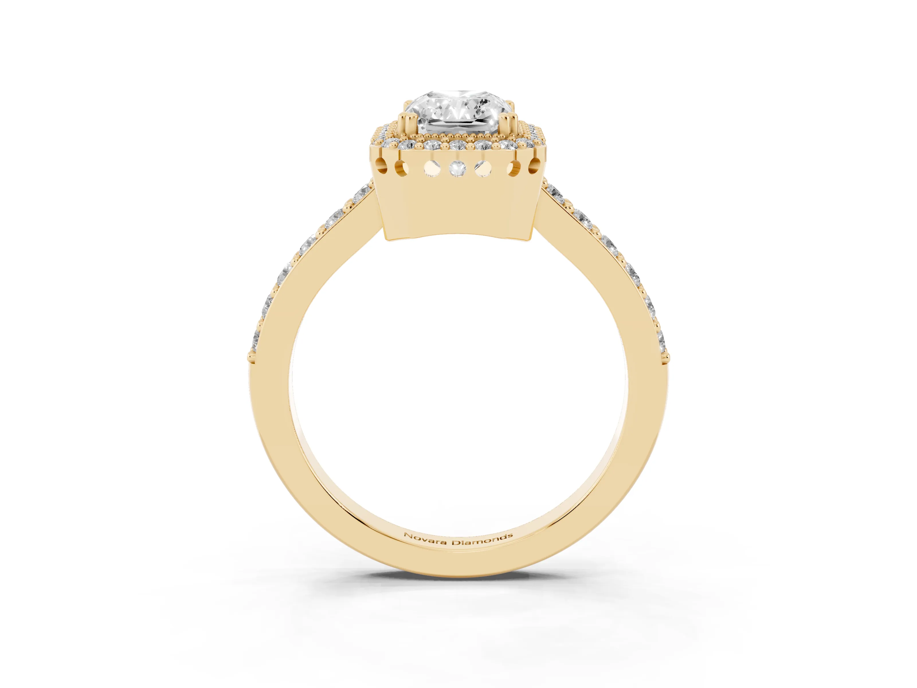 Radiant Cut Diamond Halo Engagement Ring Set in Yellow gold with Milgrain Detail and Pavé Band