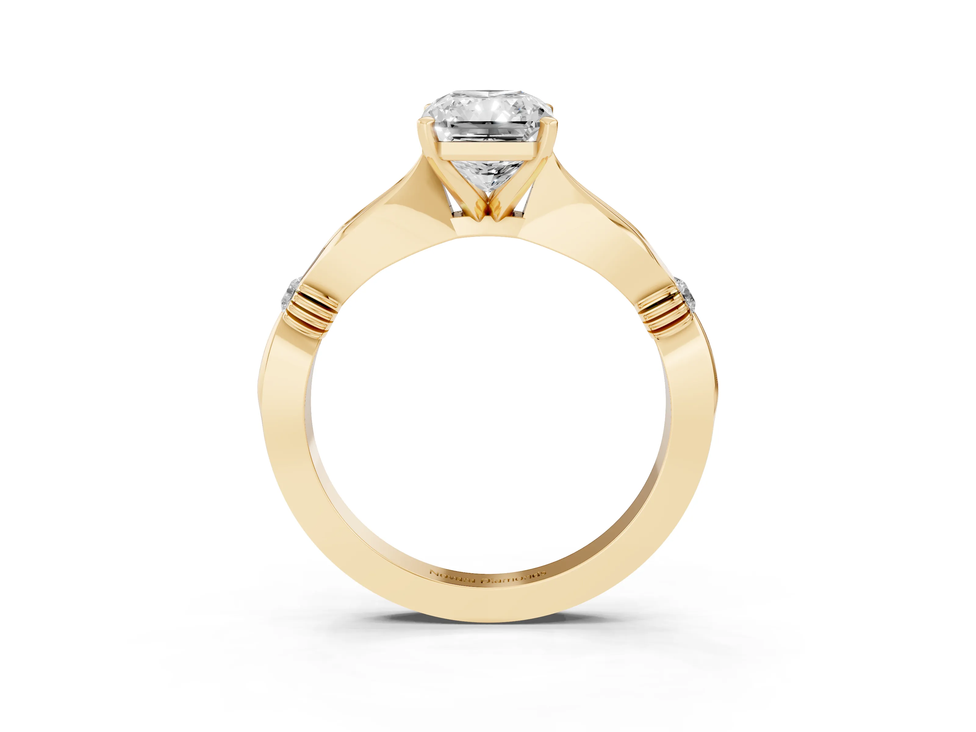 Radiant Cut Diamond Solitaire Twisted Band Ring Set in Yellow gold with Accent Stones and Prong Setting