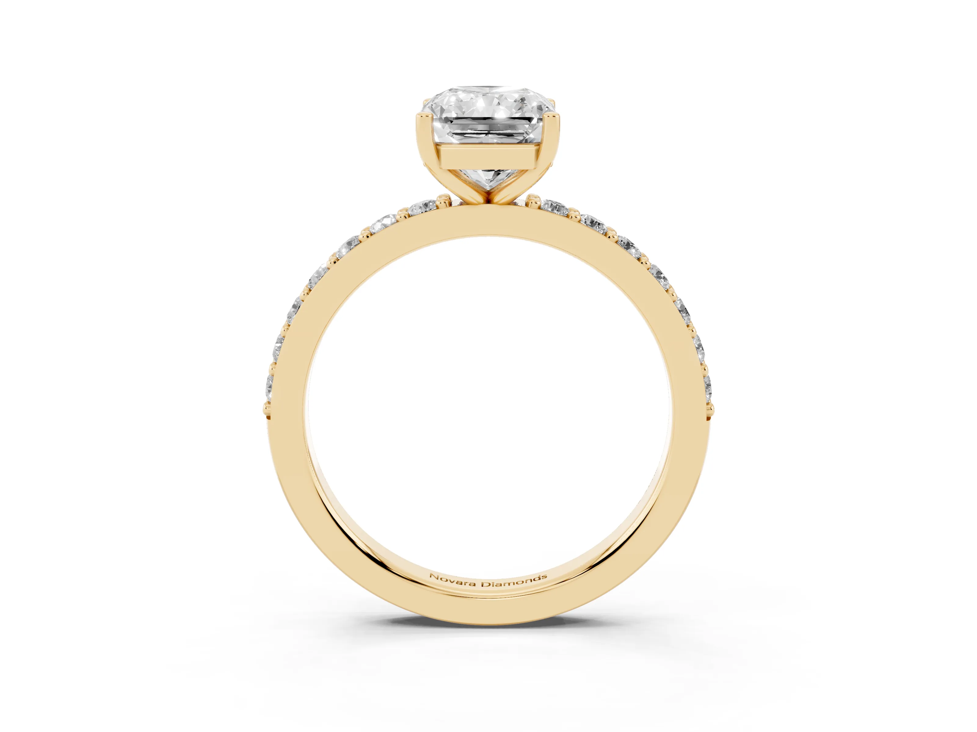Radiant Cut Diamond Solitaire Set in Yellow gold with Round Pavé Band and Prong Setting