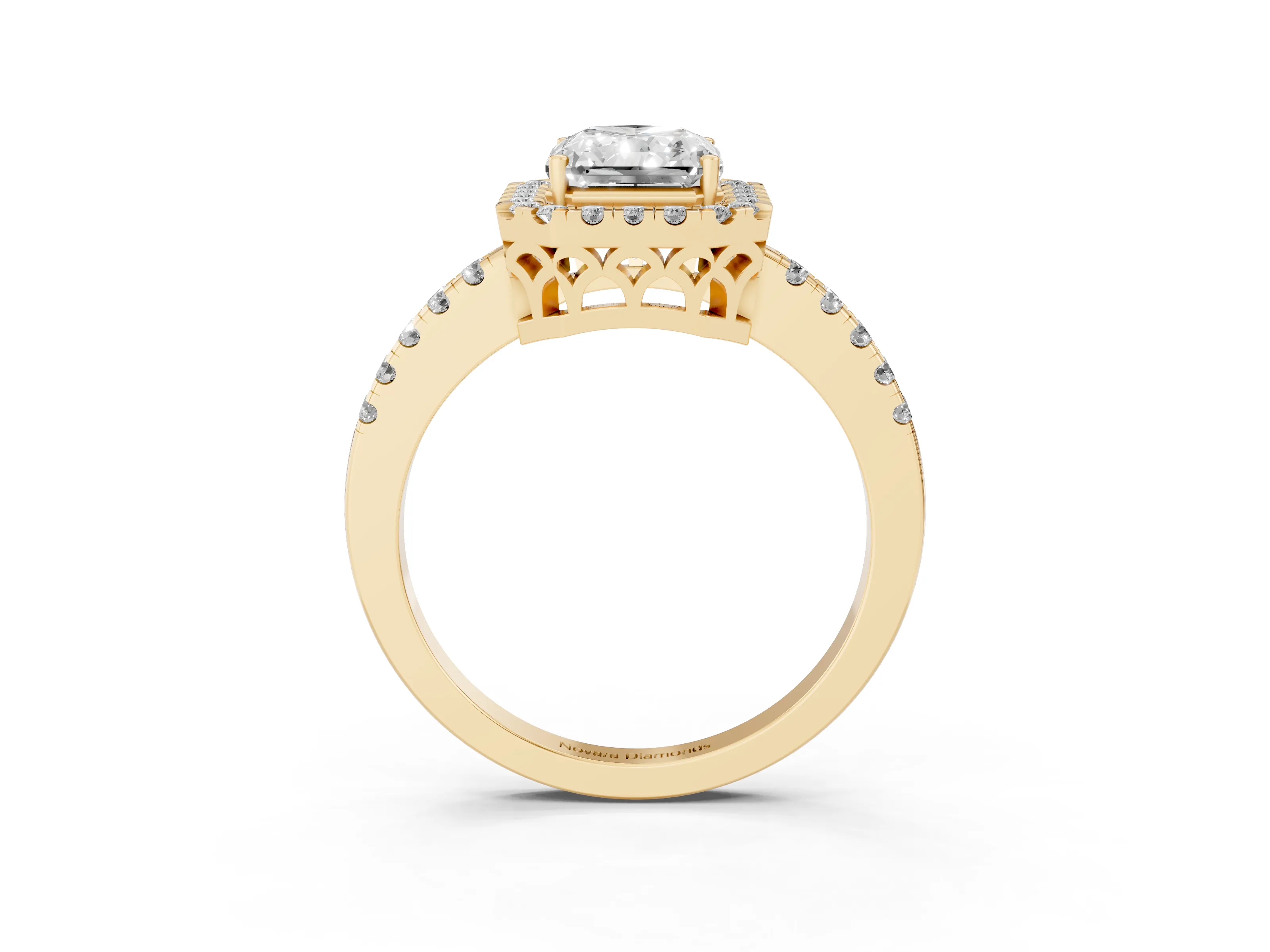 Radiant Cut Diamond Pavé Band Halo Engagement Ring Set in Yellow gold with Prong Setting