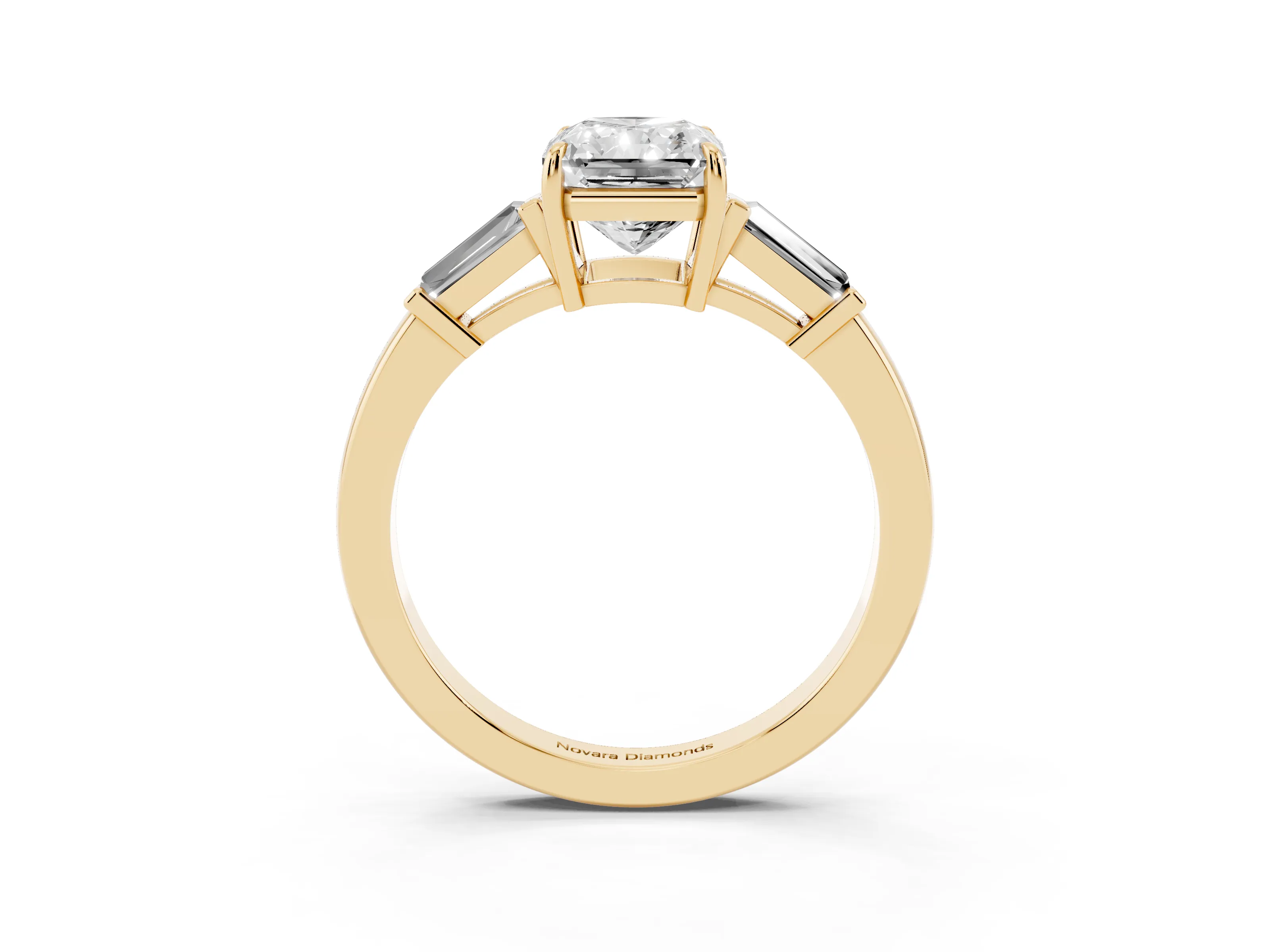 Radiant Cut Diamond Three-Stone Ring Set in Yellow gold with Tapered Baguette Side Stones and Prong Setting