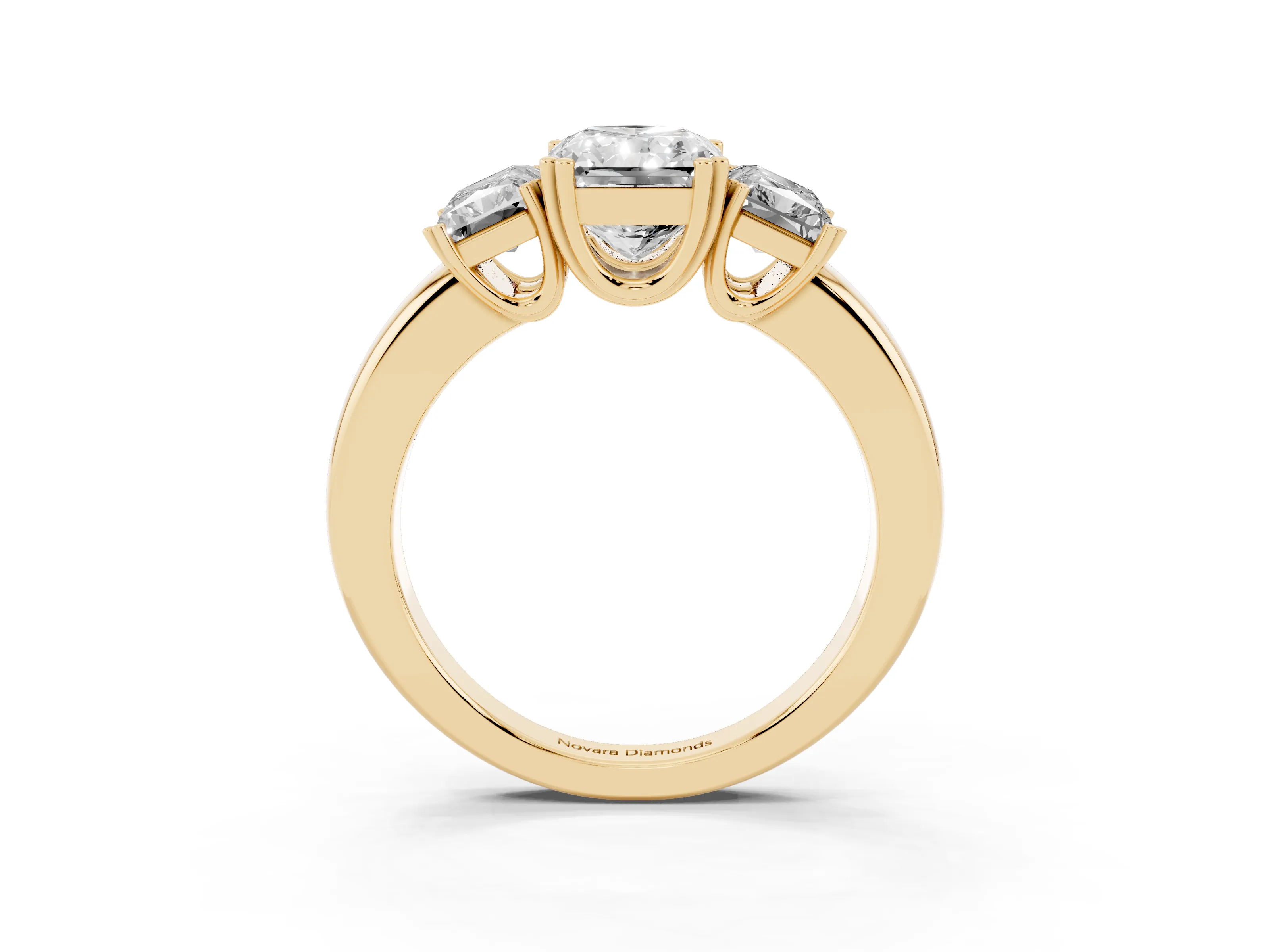 Radiant Cut Diamond Three-Stone Ring Set in Yellow gold with Polished Channel-Set Band