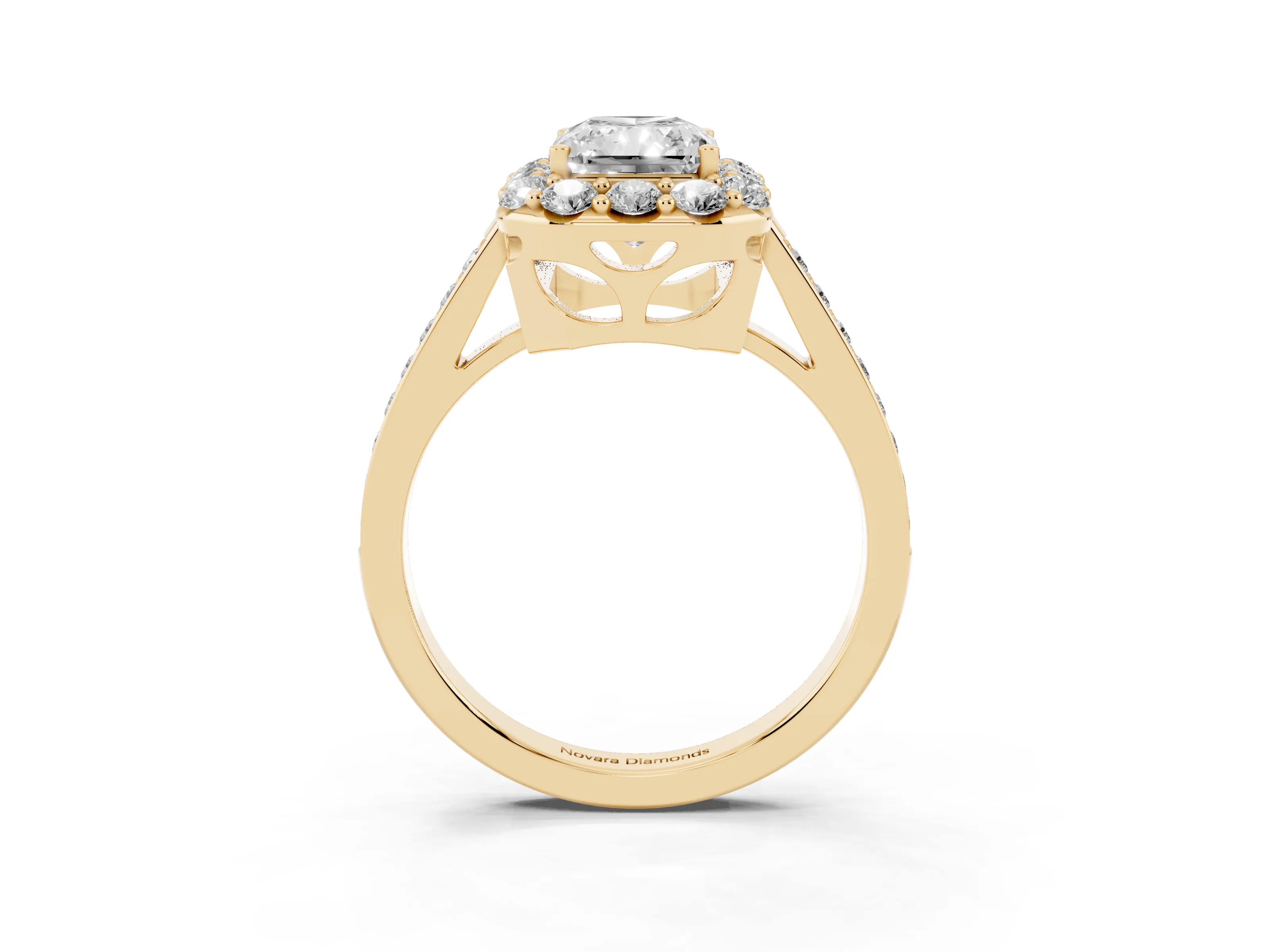 Radiant Cut Diamond Floral Halo Ring Set in Yellow gold with Pavé Band and Prong Setting