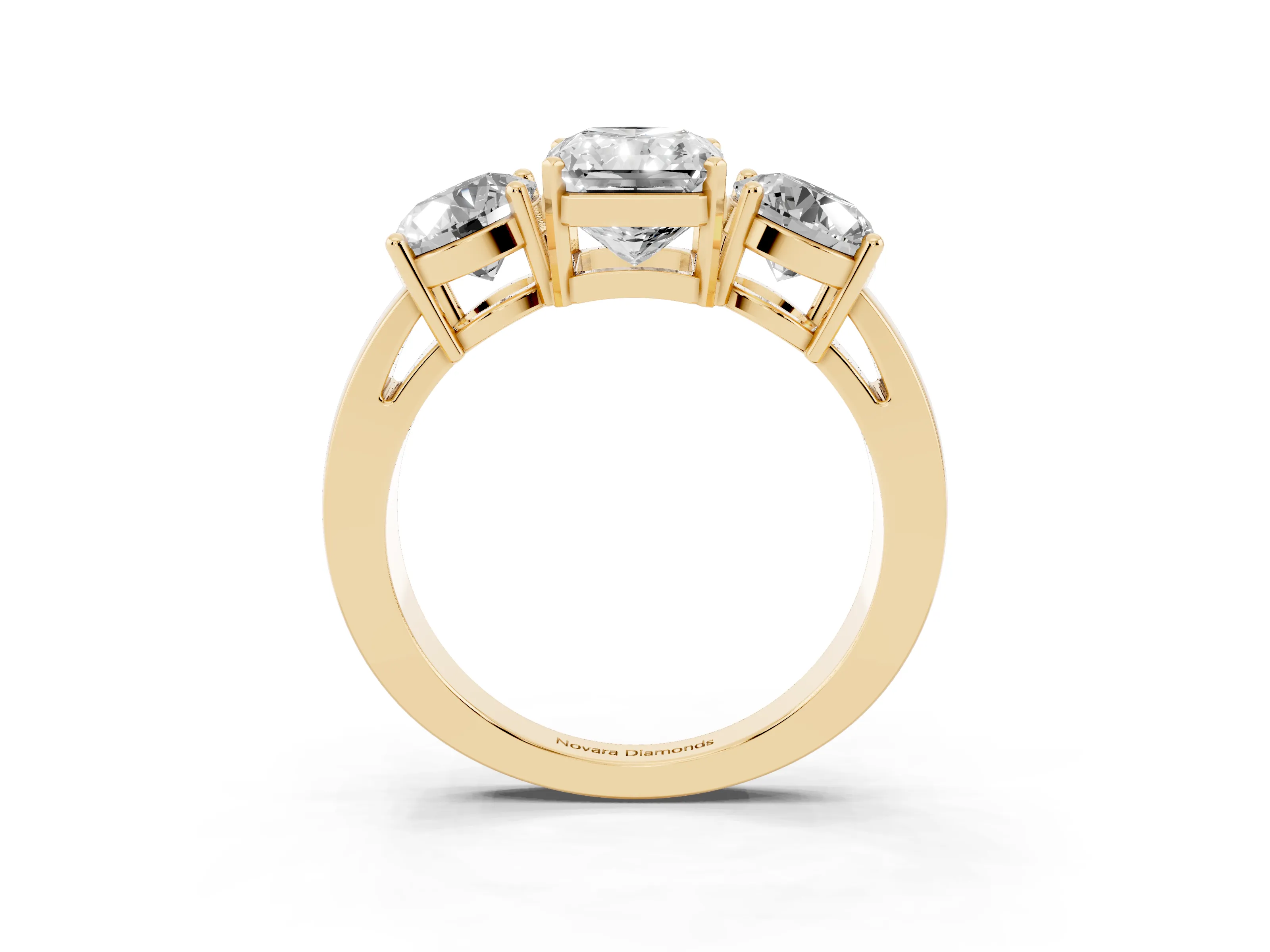 Radiant Cut Diamond Three-Stone Ring Set in Yellow gold with Round Side Stones and Classic Band