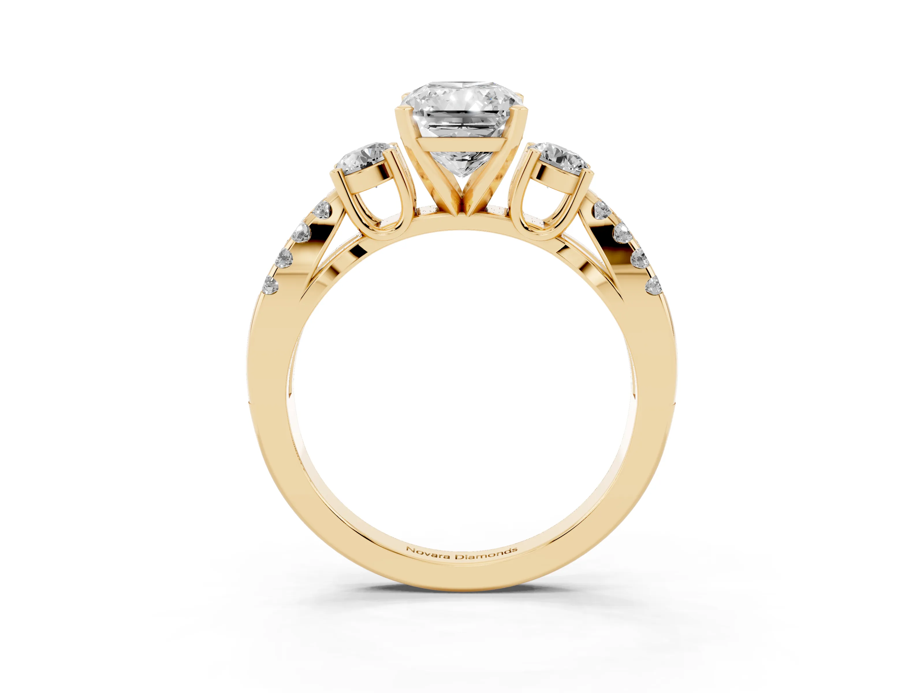 Radiant Cut Diamond Three-Stone Ring Set in Yellow gold with Pavé Split Shank and Prong Setting