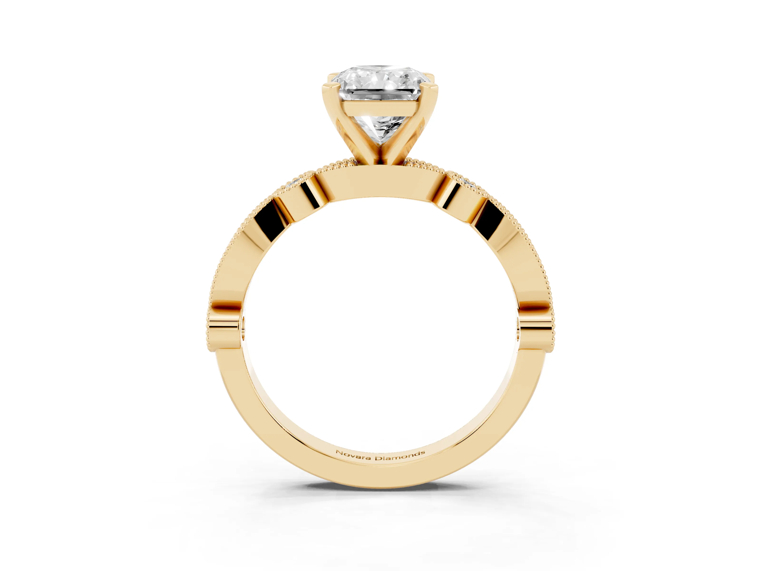 Radiant Cut Diamond Solitaire Engagement Ring Set in Yellow gold with Milgrain Bezel Accent Band