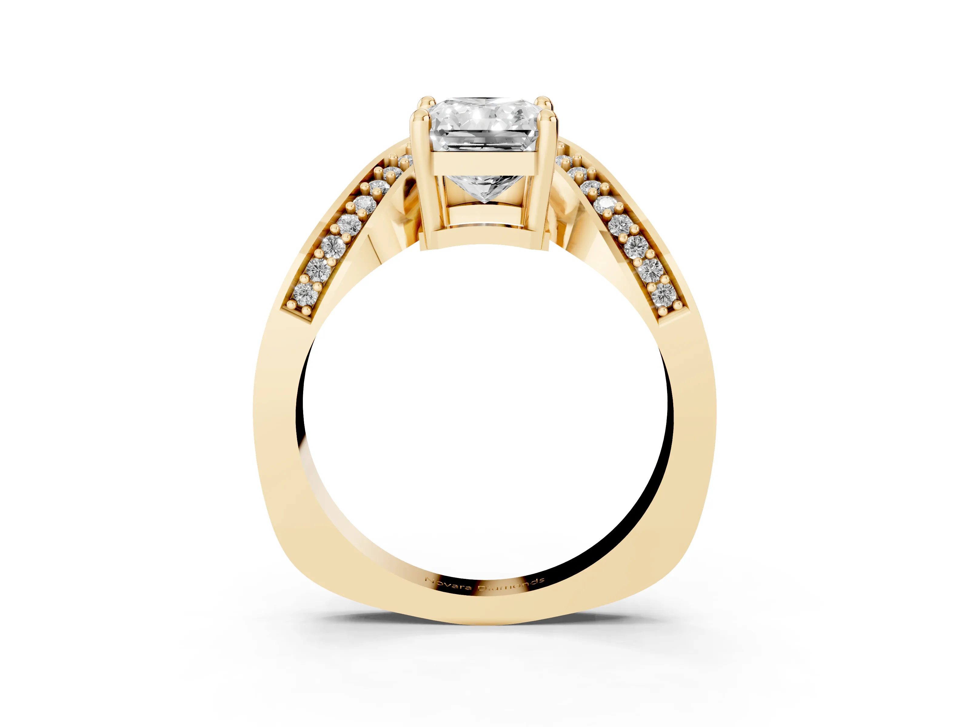 Radiant Cut Diamond Solitaire Engagement Ring Set in Yellow gold with Pavé Shoulders