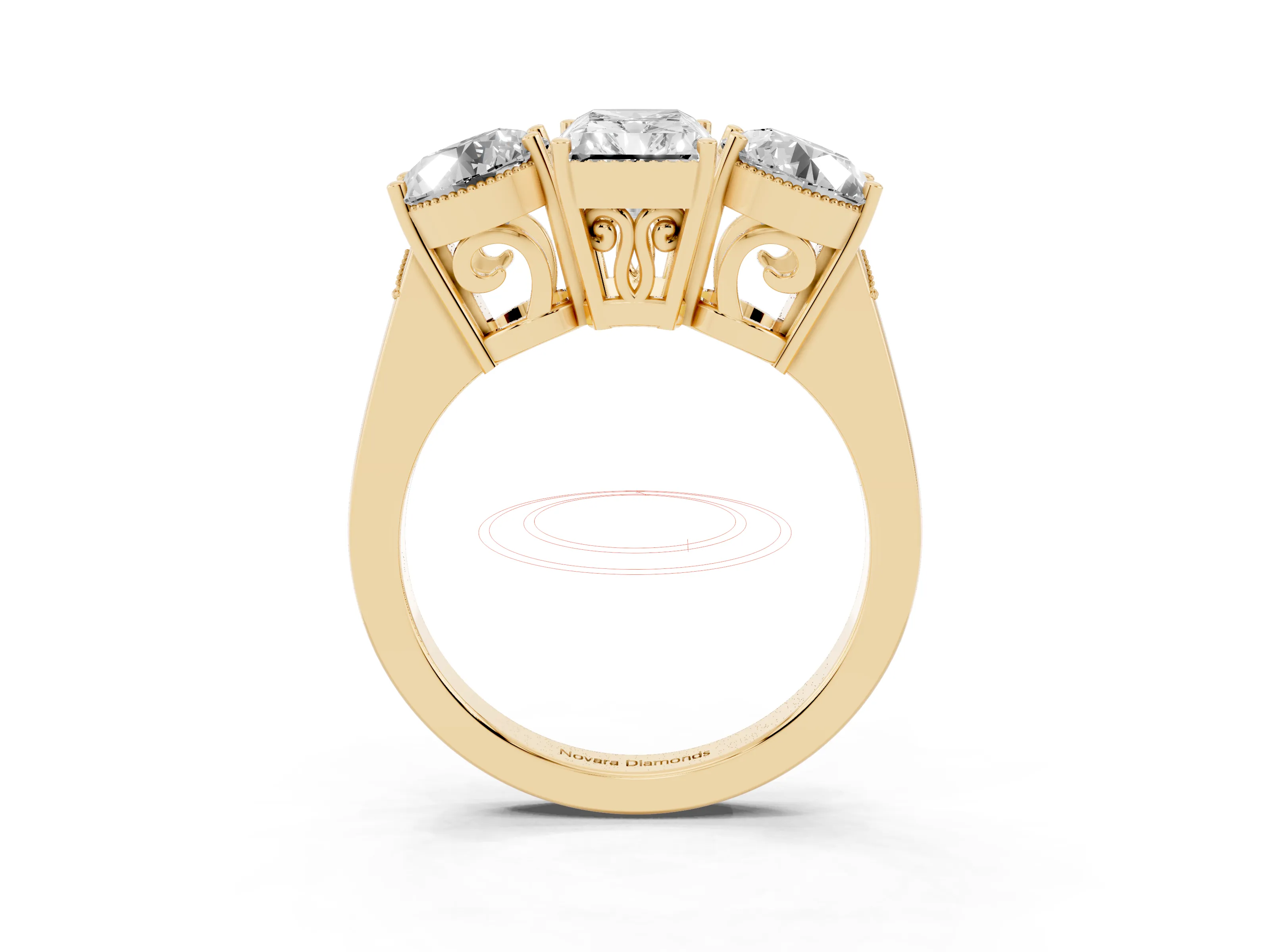 Radiant Cut Diamond Three-Stone Engagement Ring Set in Yellow gold with Polished Band