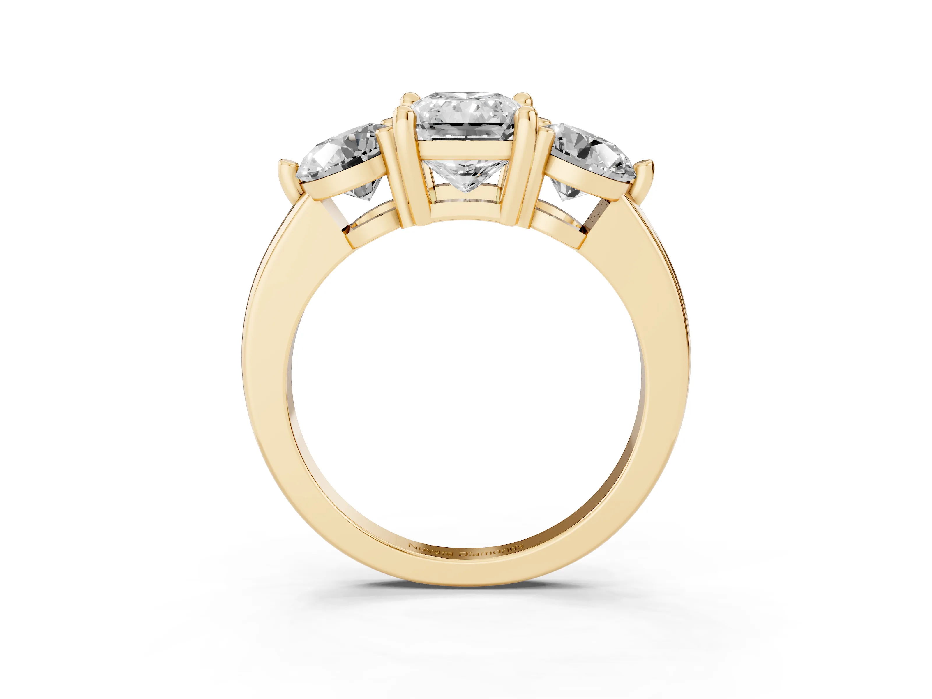 Radiant Cut Diamond Three-Stone Ring Set in Yellow gold with Prong Setting and Classic Band