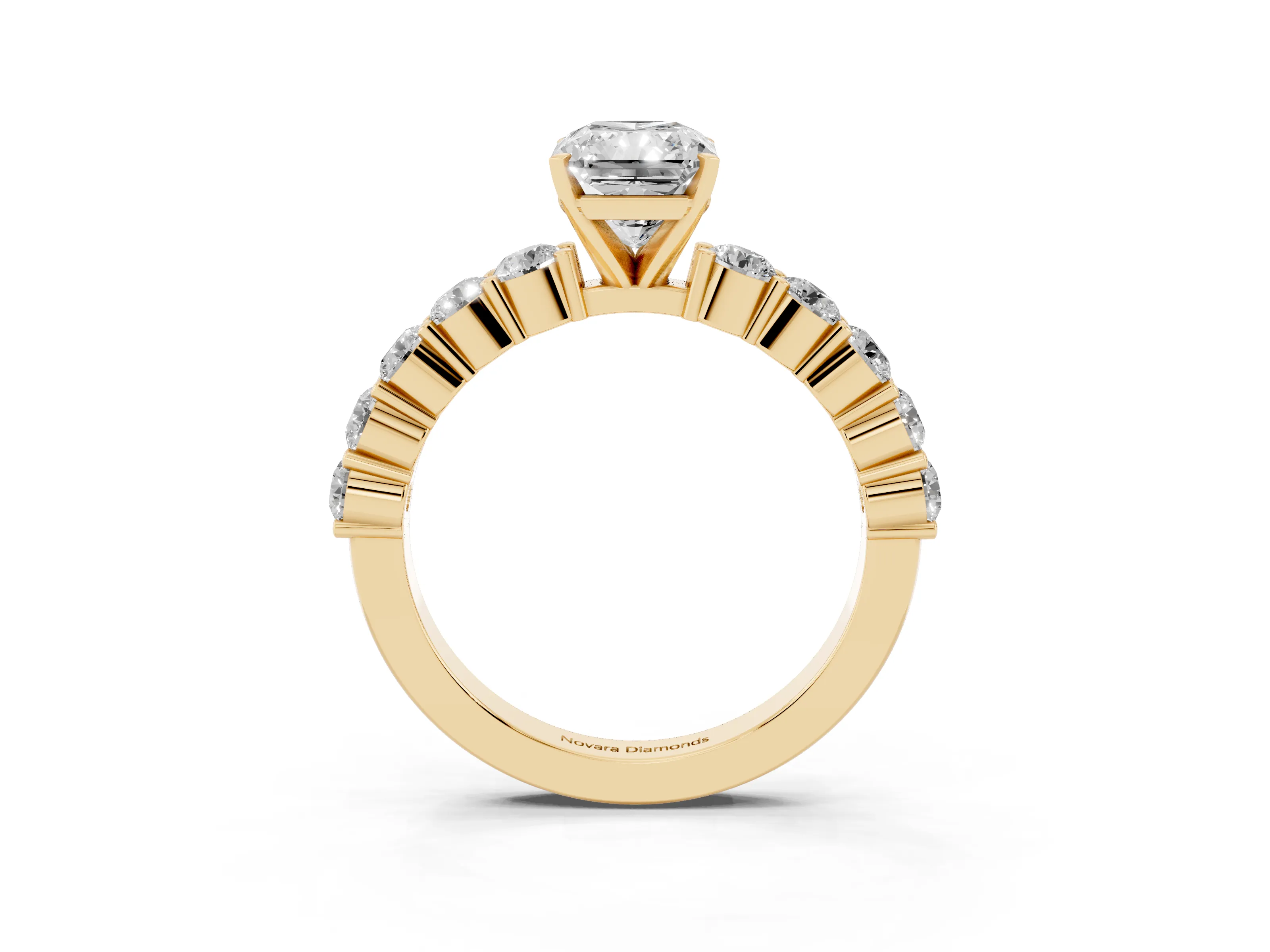 Radiant Cut Diamond Solitaire Ring Set in Yellow gold with Shared Prong Round Side Stones
