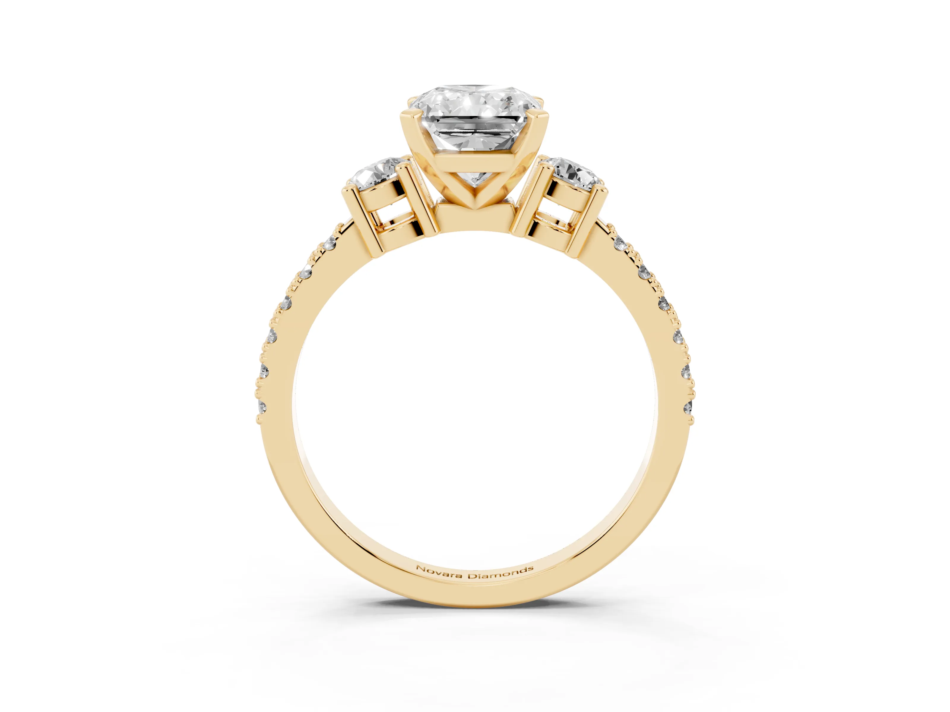 Three-Stone Radiant Cut Diamond Pavé Band Ring Set in Yellow gold with Prong Setting