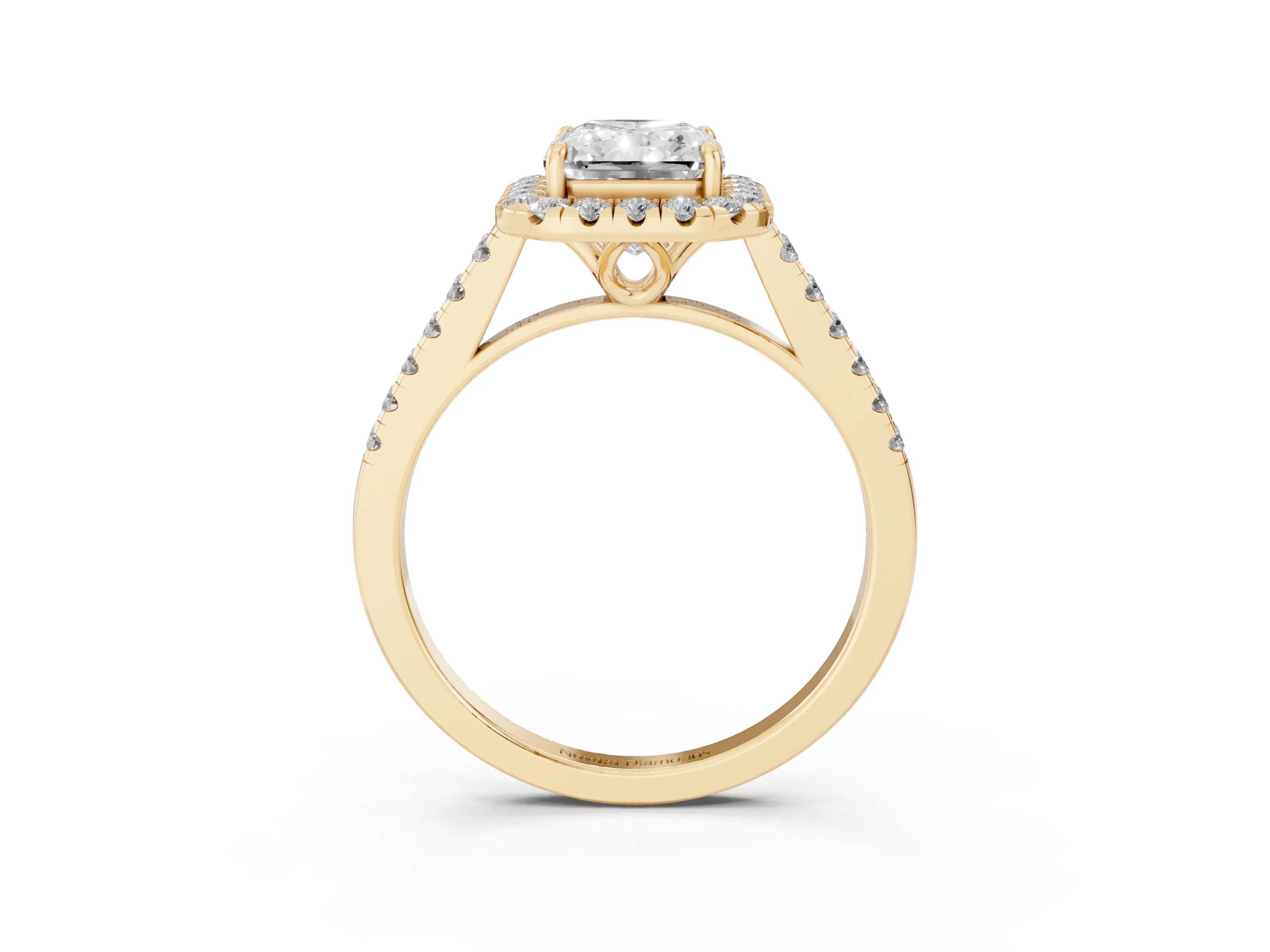 Radiant Cut Diamond Pavé Halo Engagement Ring Set in Yellow gold with Pavé Band and Prong Setting