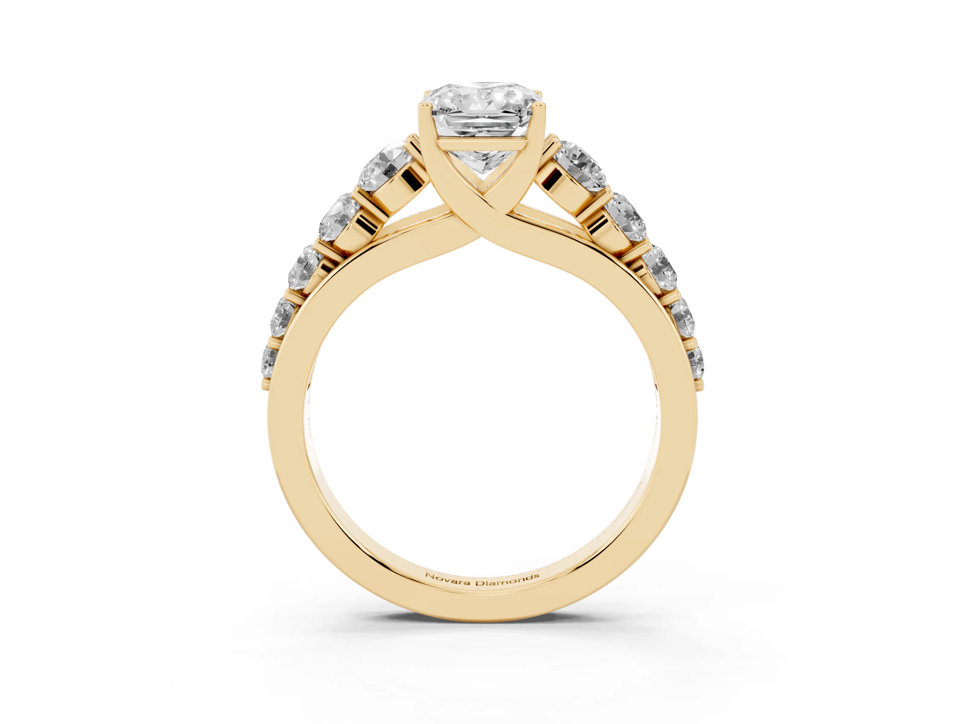 Radiant Cut Diamond Solitaire Ring Set in Yellow gold with Pavé-Set Band and Prong Setting