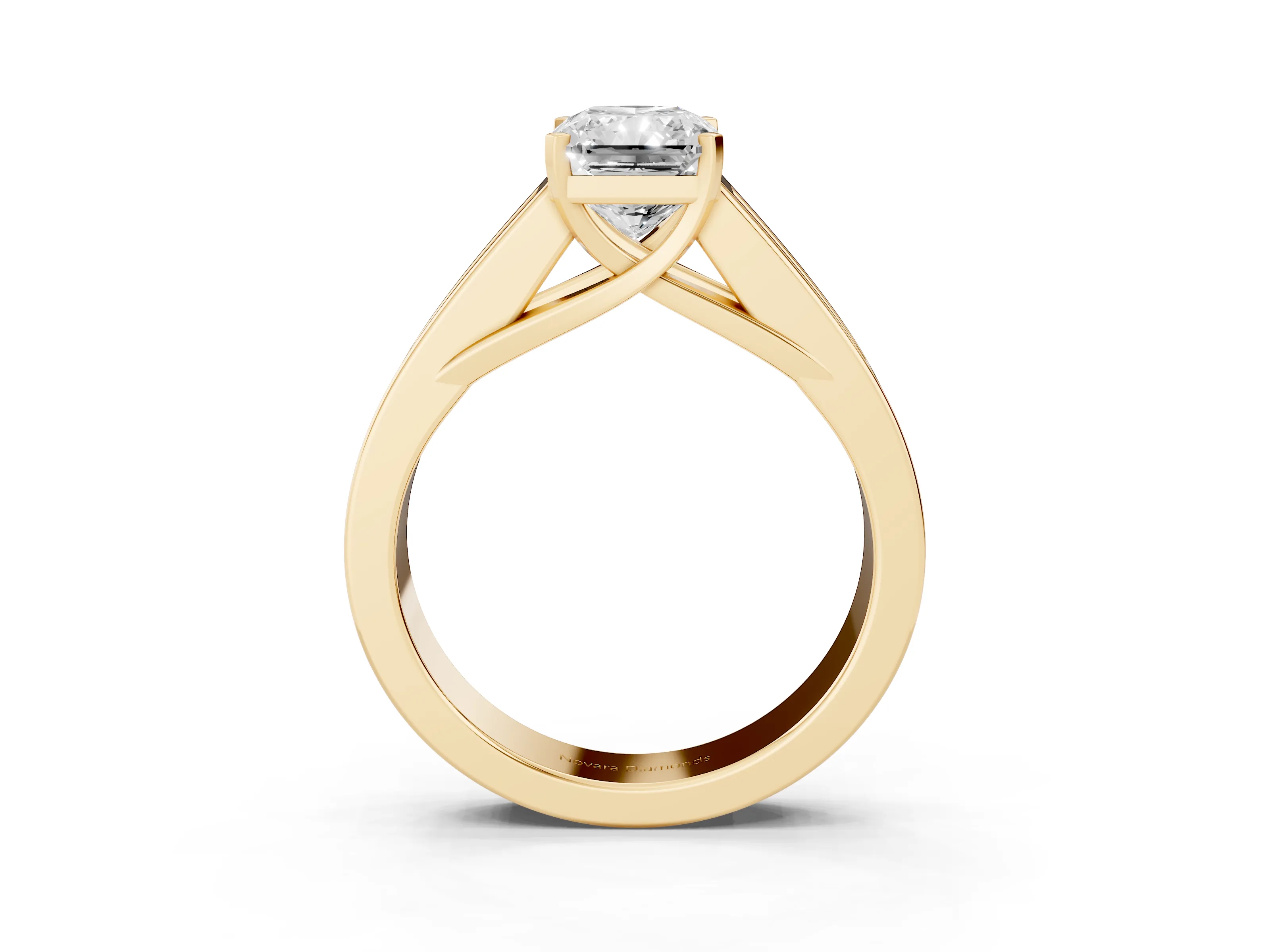 Radiant Cut Diamond Solitaire Ring Set in Yellow gold with Channel-Set Accent Stones and Prong Setting