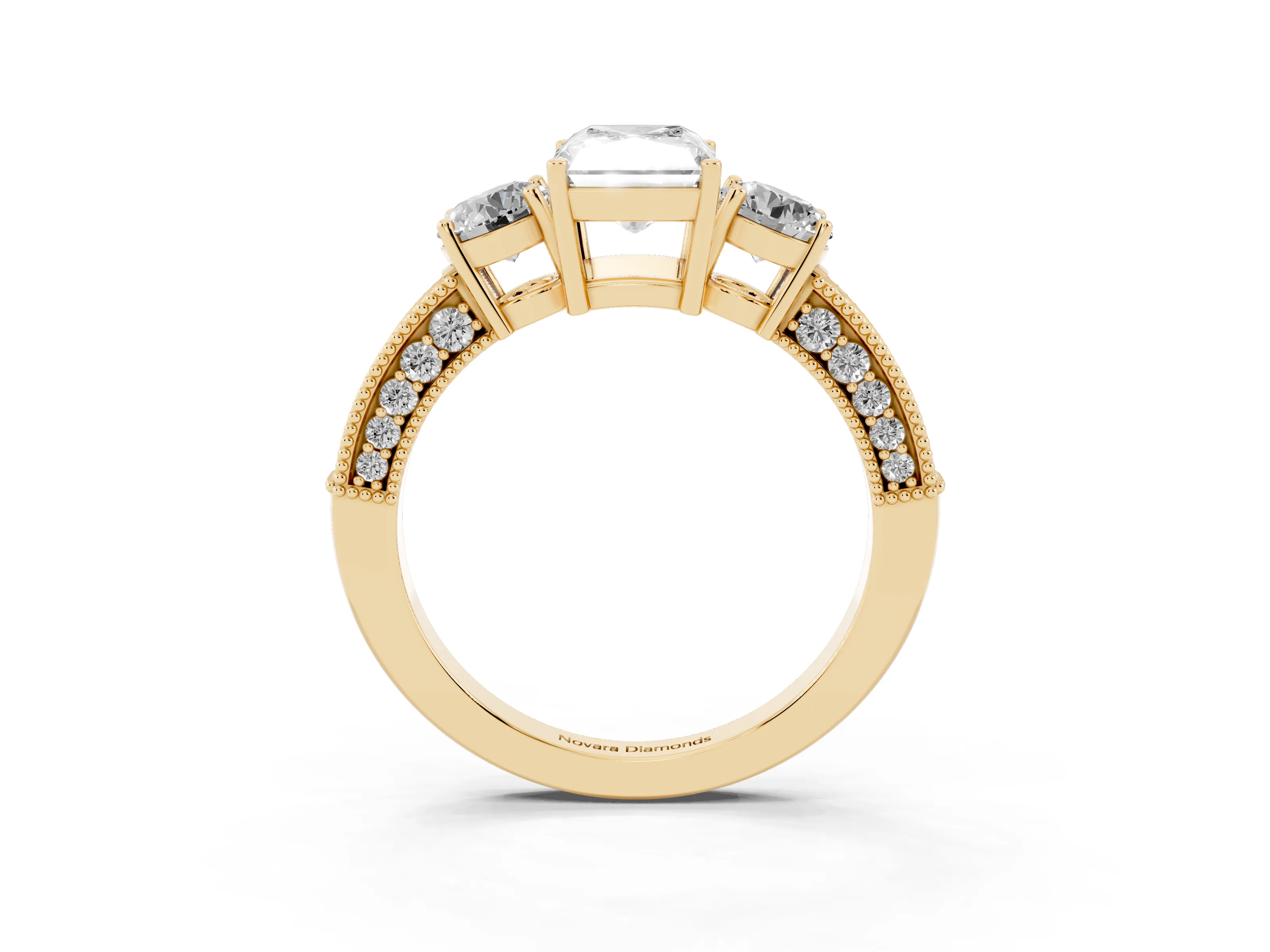 Radiant Cut Diamond Three-Stone Ring Set in Yellow gold with Round Side Stones and Pavé Band