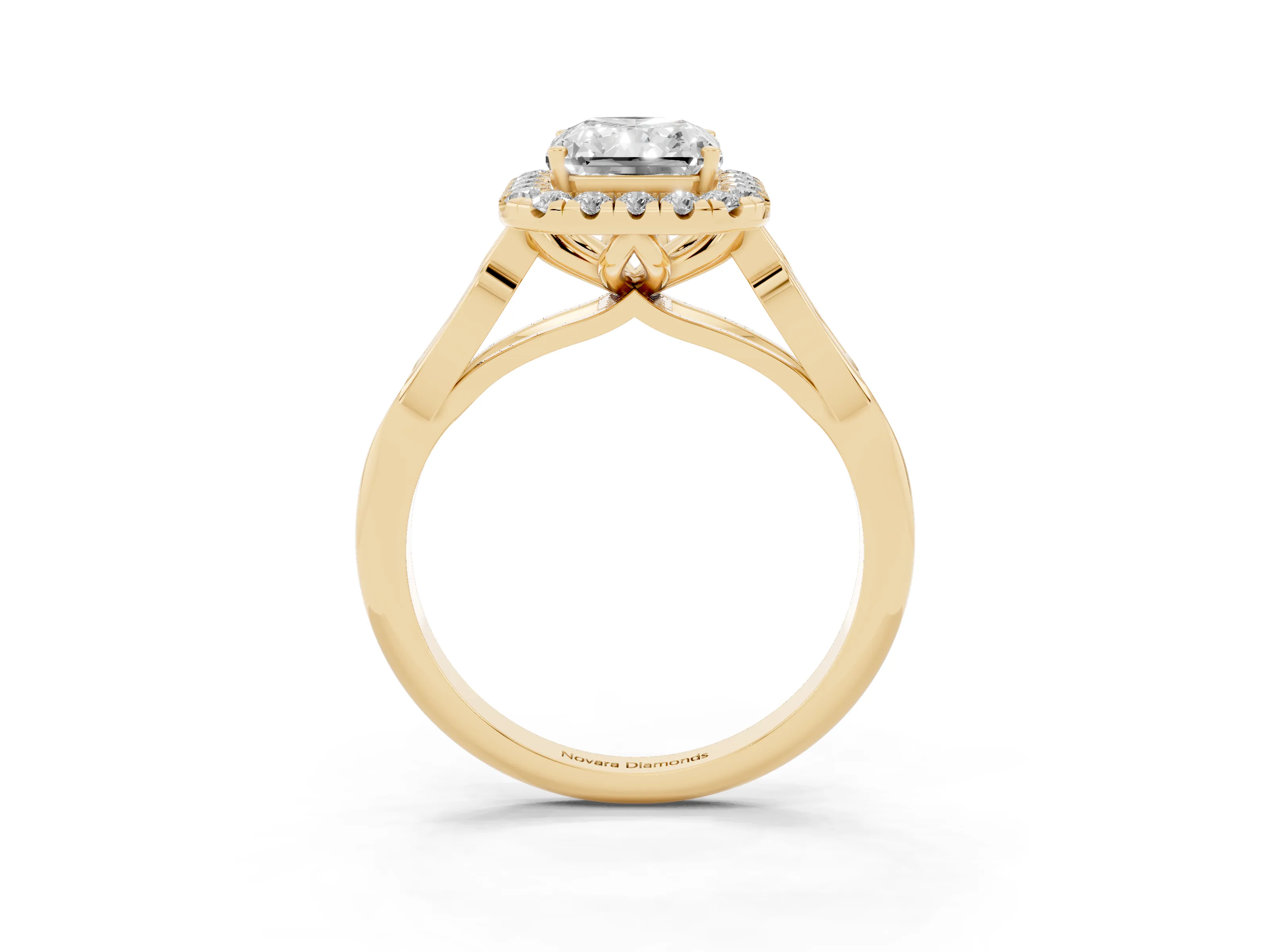 Radiant Cut Diamond Halo Engagement Ring Set in Yellow gold with Filigree Band and Prong-Set Center