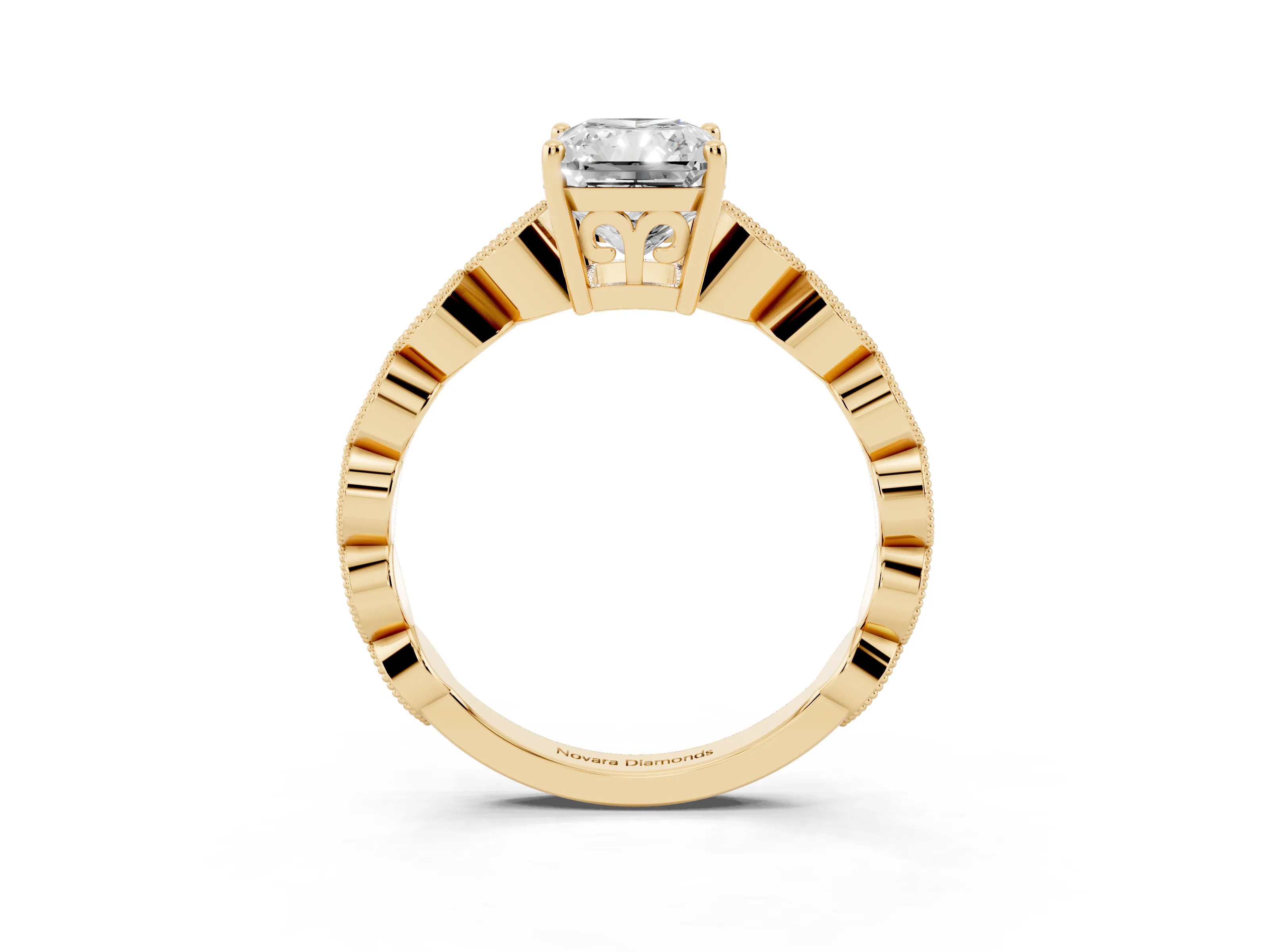 Radiant Cut Diamond Solitaire Ring Set in Yellow gold with Infinity Twist Pavé Band