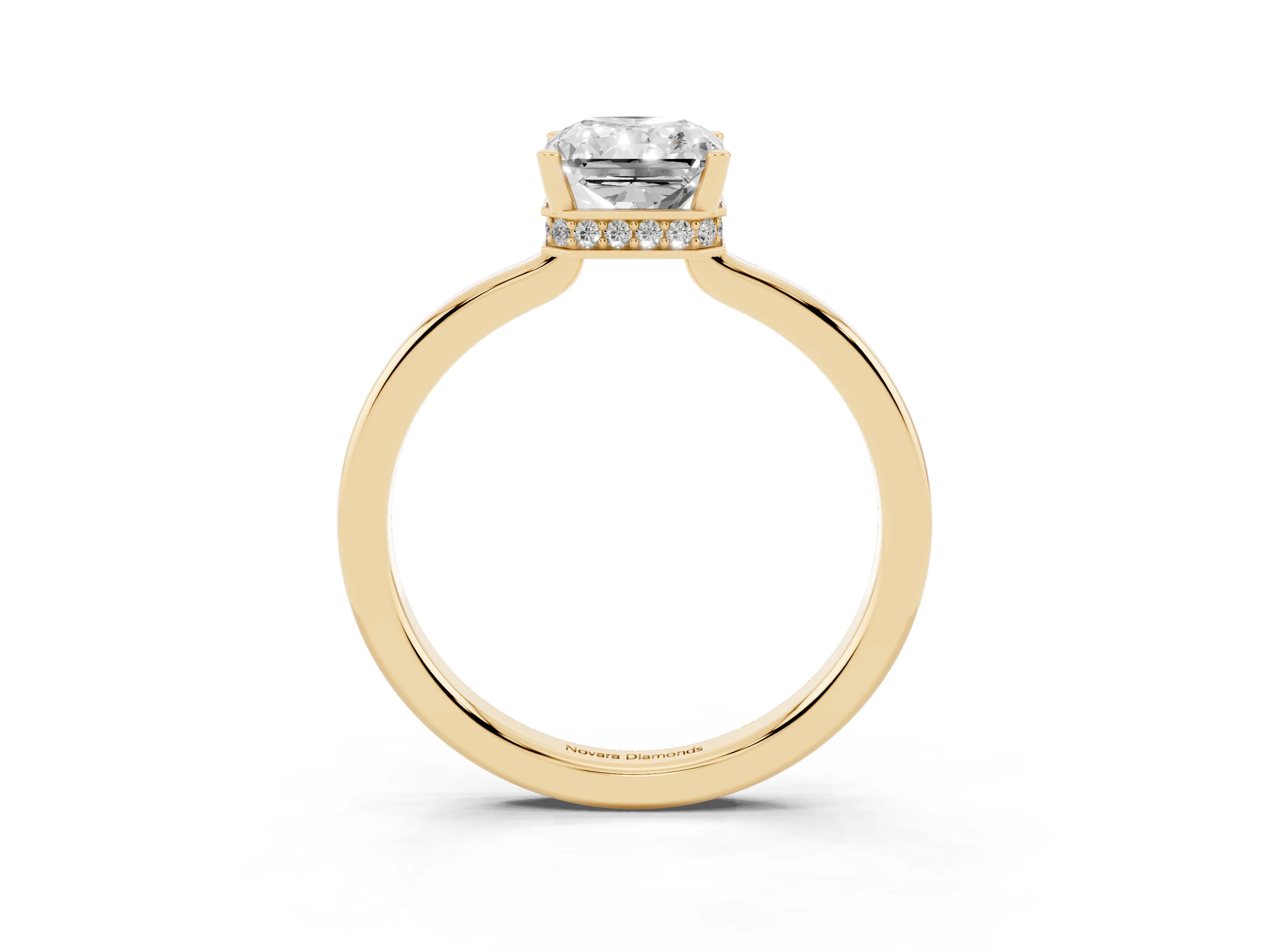 Radiant Cut Diamond Solitaire Engagement Ring Set in Yellow gold with Prong Setting on a Plain Band
