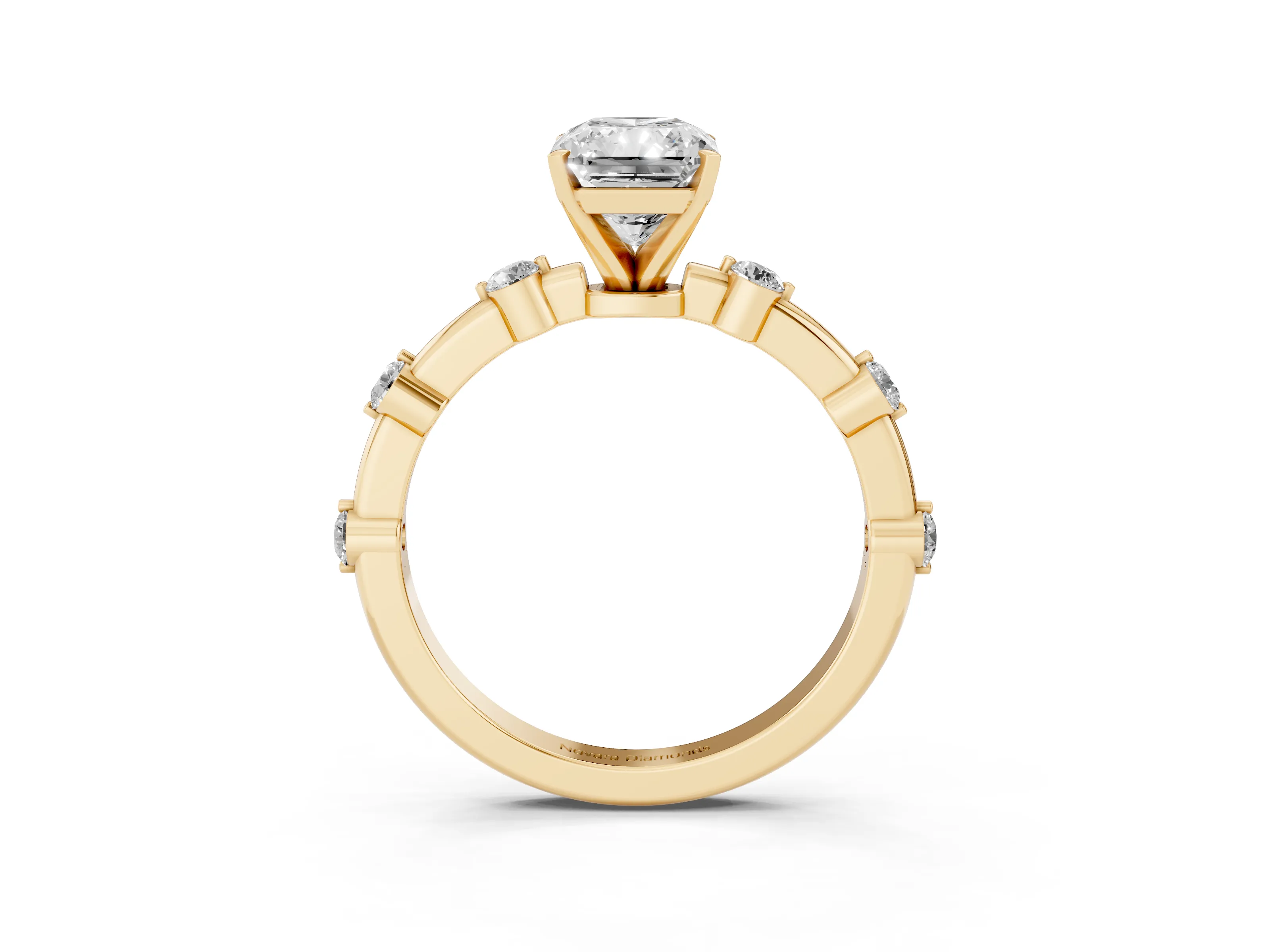 Radiant Cut Diamond Solitaire Ring Set in Yellow gold with Bezel Set Side Stones and Prong Setting