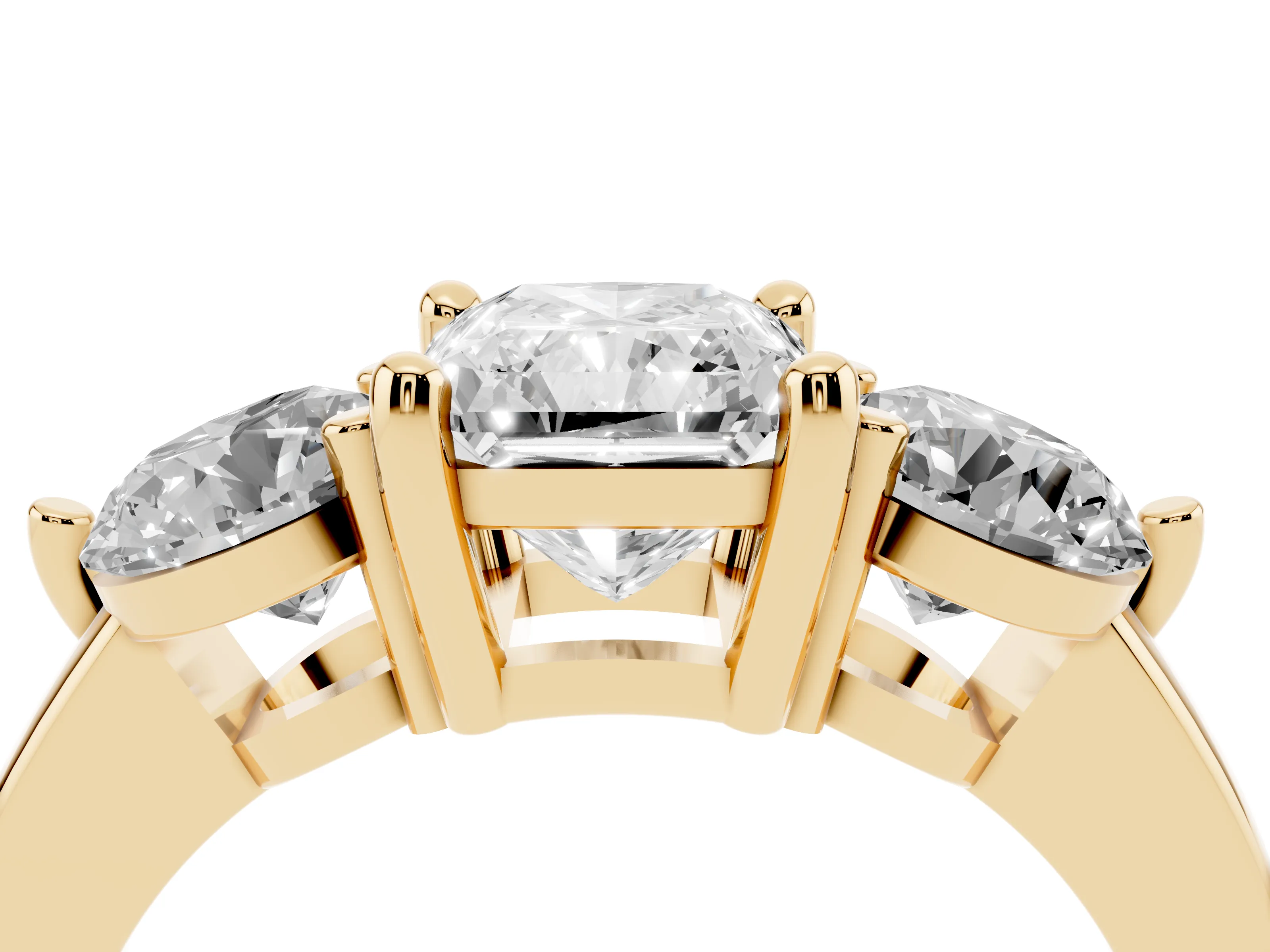 Radiant Cut Diamond Three-Stone Ring Set in Yellow gold with Prong Setting and Classic Band