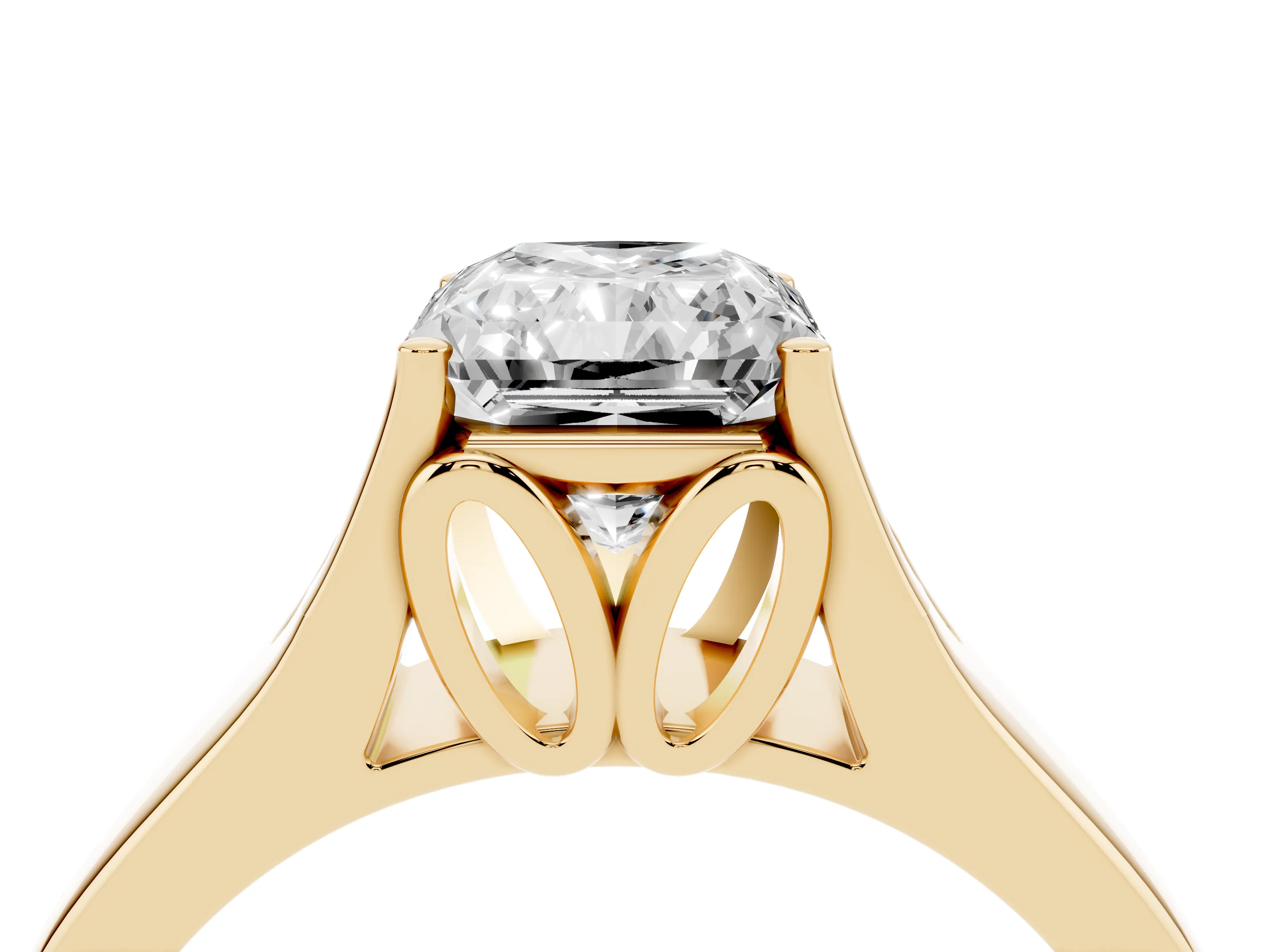 Radiant Cut Diamond Solitaire Ring Set in Yellow gold with Arched Cathedral Band and Prong Setting