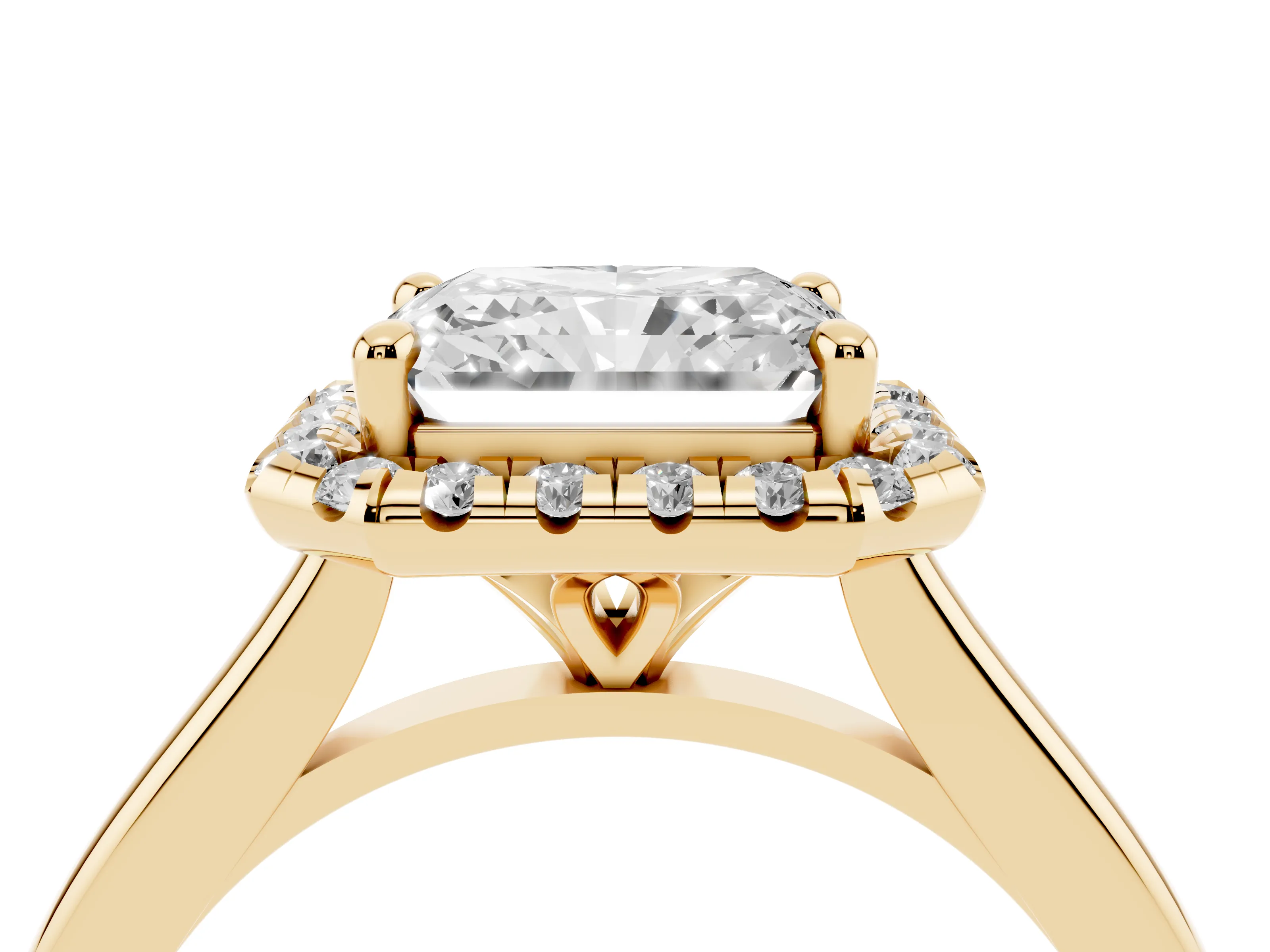 Radiant Cut Diamond Halo Engagement Ring Set in Yellow gold with Pavé Band and Rising Shoulders