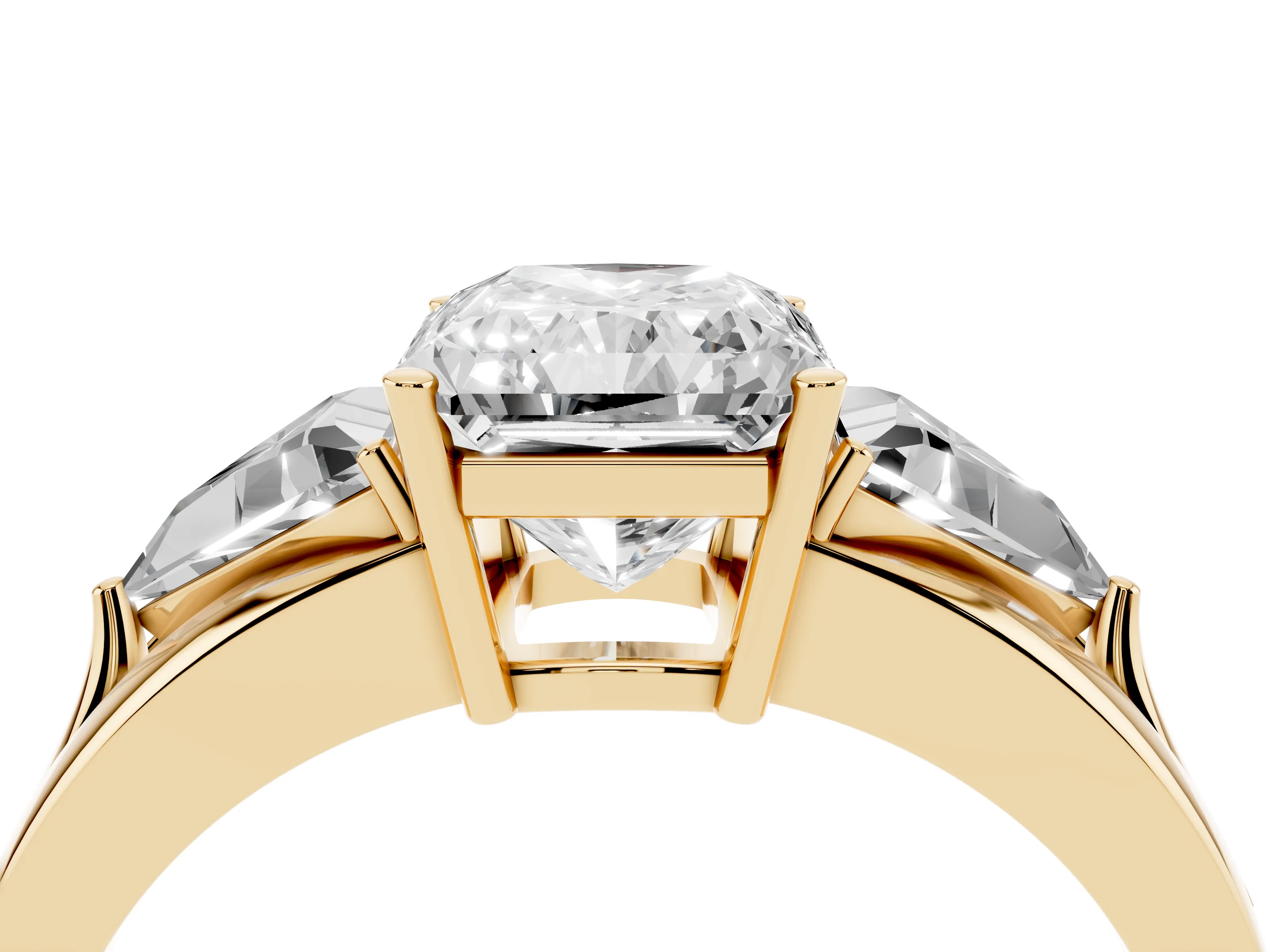 Radiant Cut Diamond Three-Stone Ring Set in Yellow gold with Trillion Side Stones and Split Shank