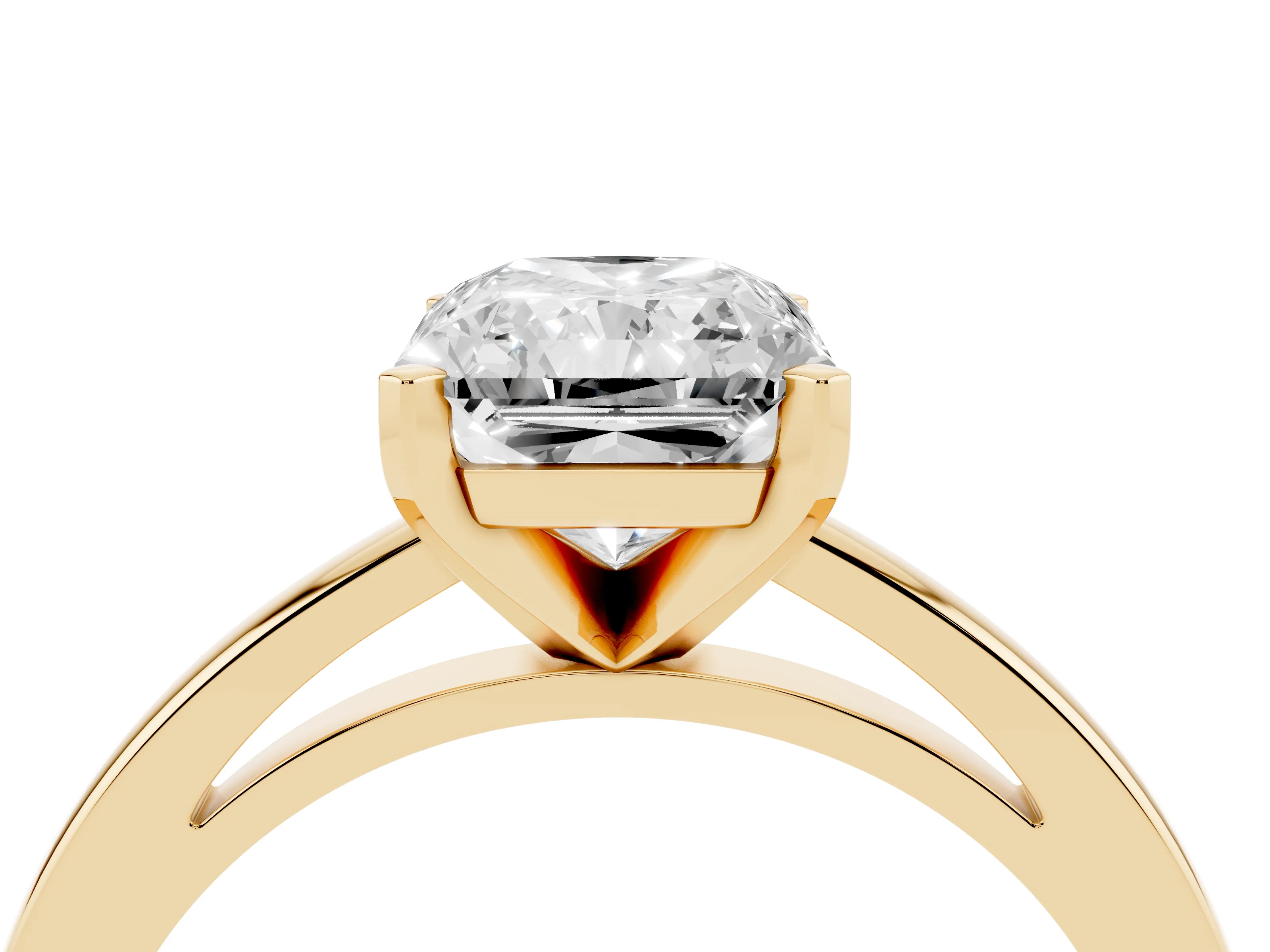 Radiant Cut Diamond Solitaire Engagement Ring Set in Yellow gold with Prong Setting on a Classic Band