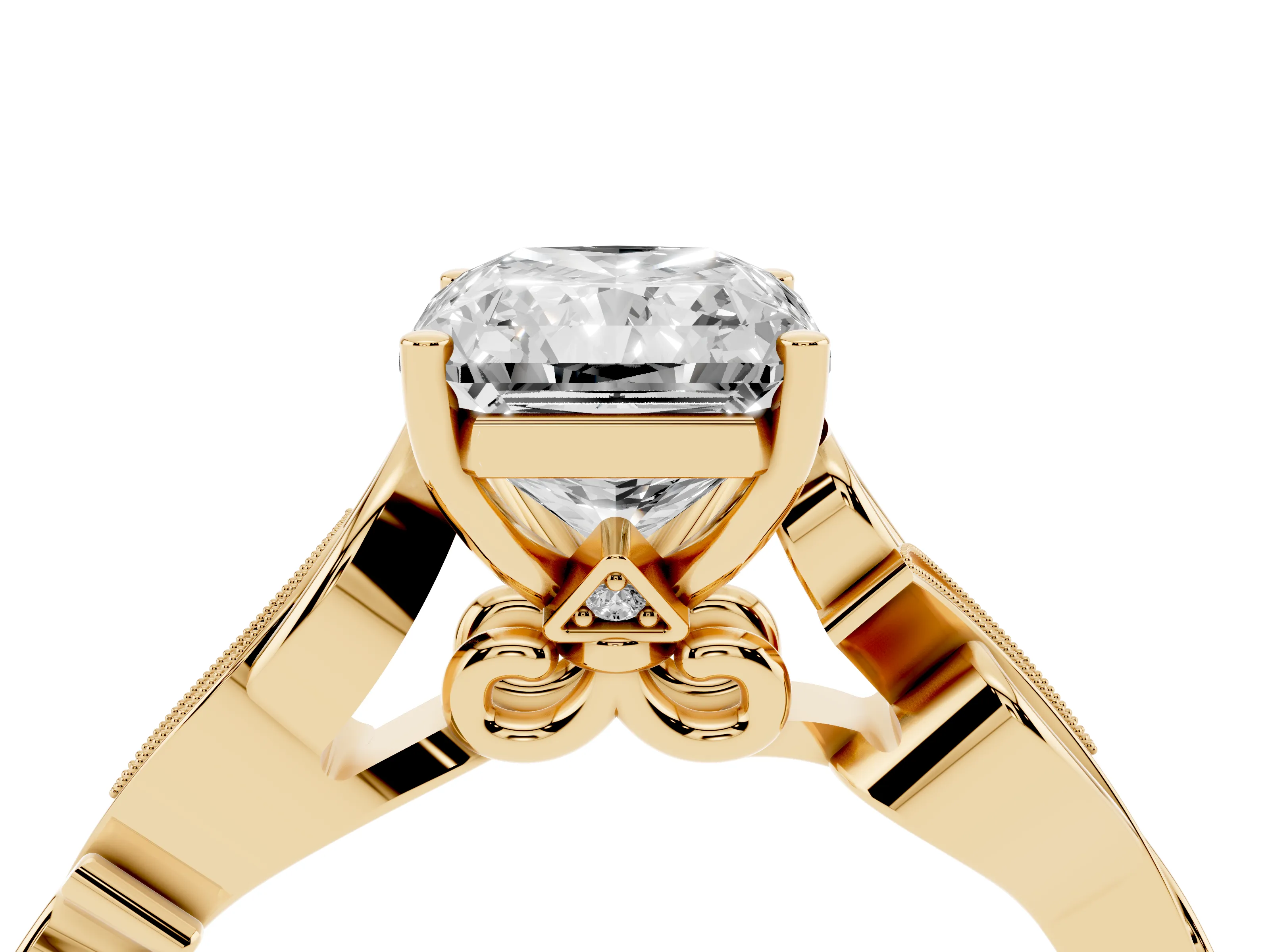Radiant Cut Diamond Vine Band Solitaire Ring Set in Yellow gold with Milgrain Prong Setting