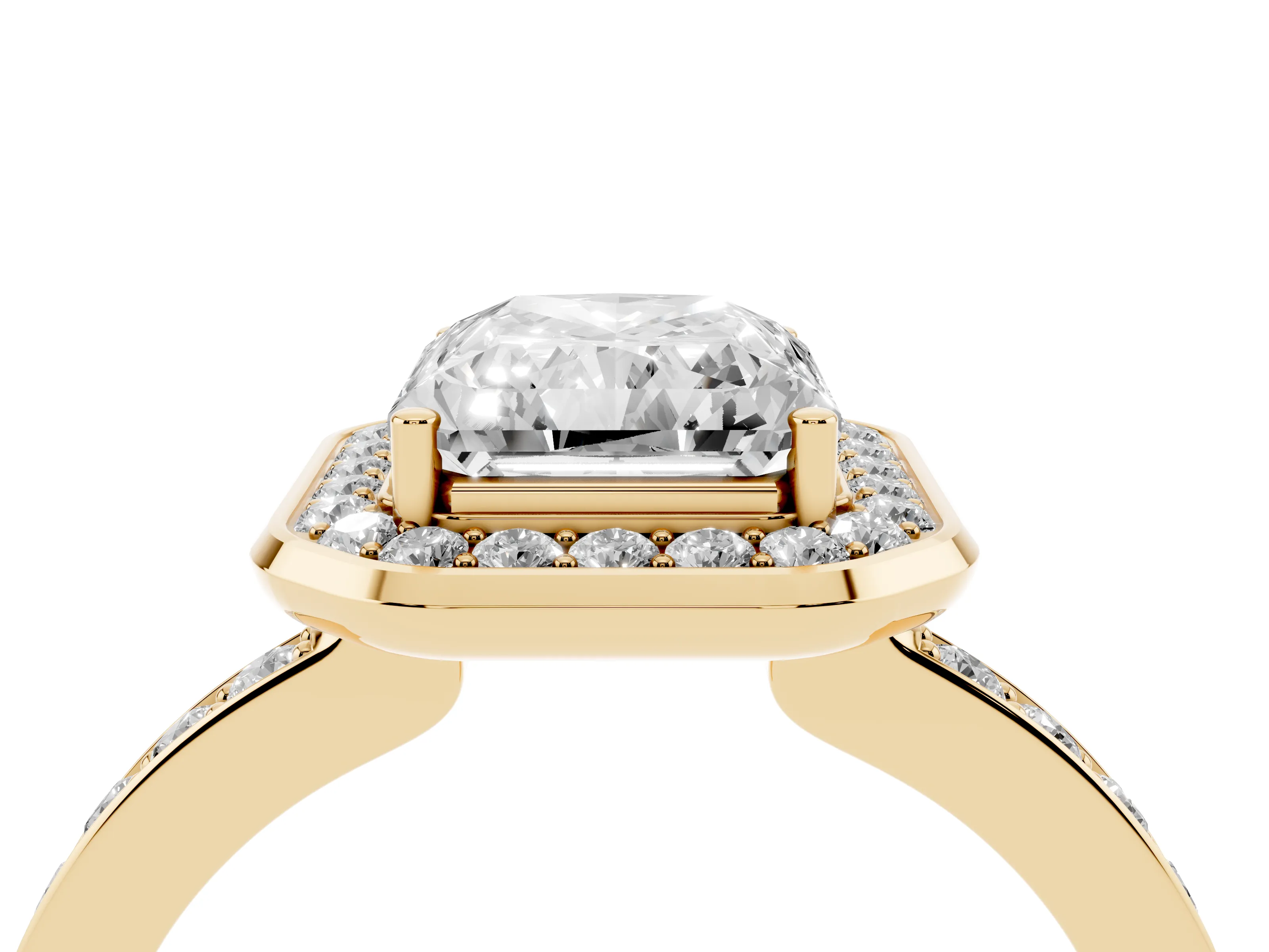 Radiant Cut Diamond Halo Ring Set in Yellow gold with Bezel Frame and Pavé Band