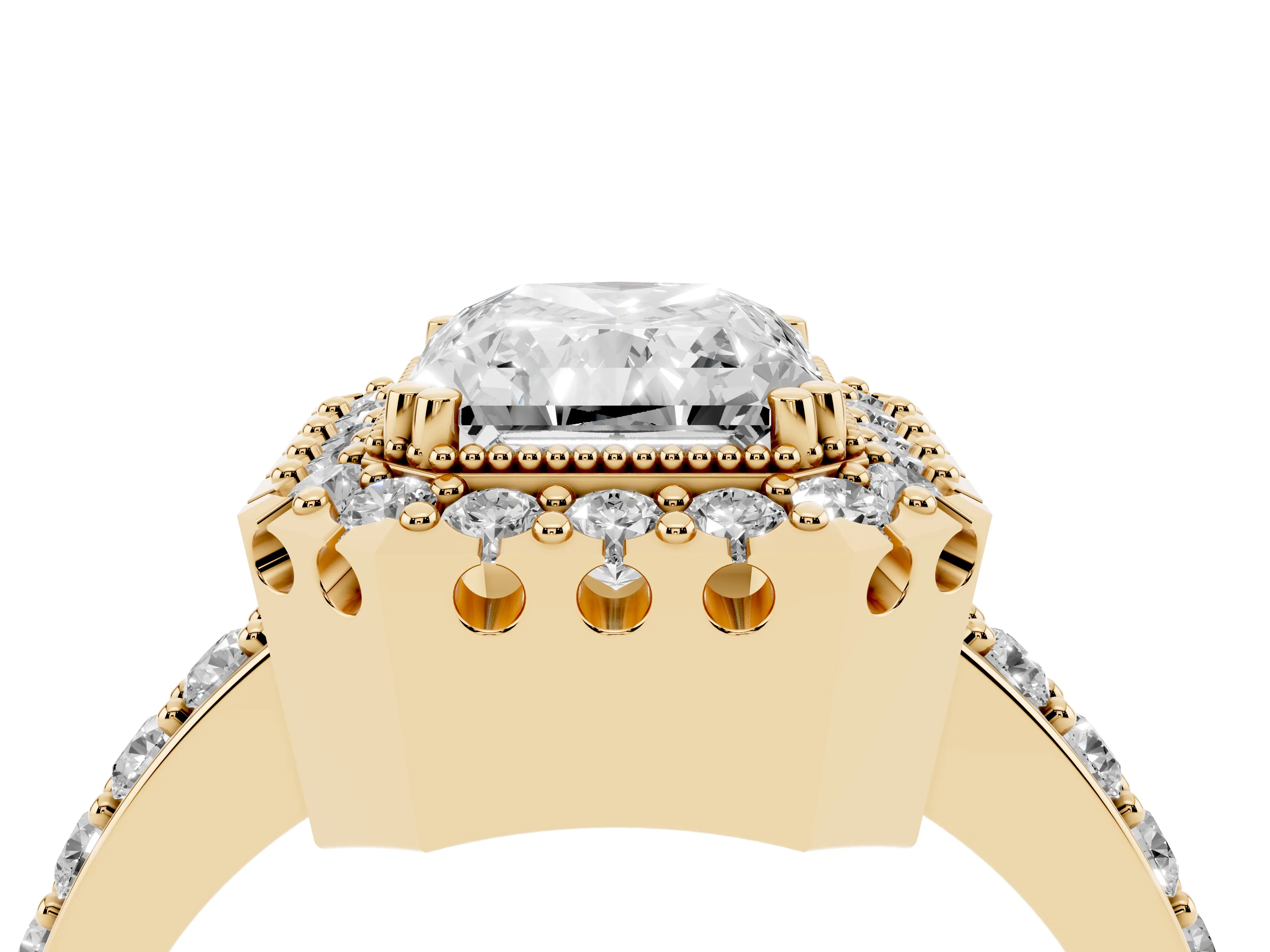 Radiant Cut Diamond Halo Ring Set in Yellow gold with Pavé Shank and Prong Setting