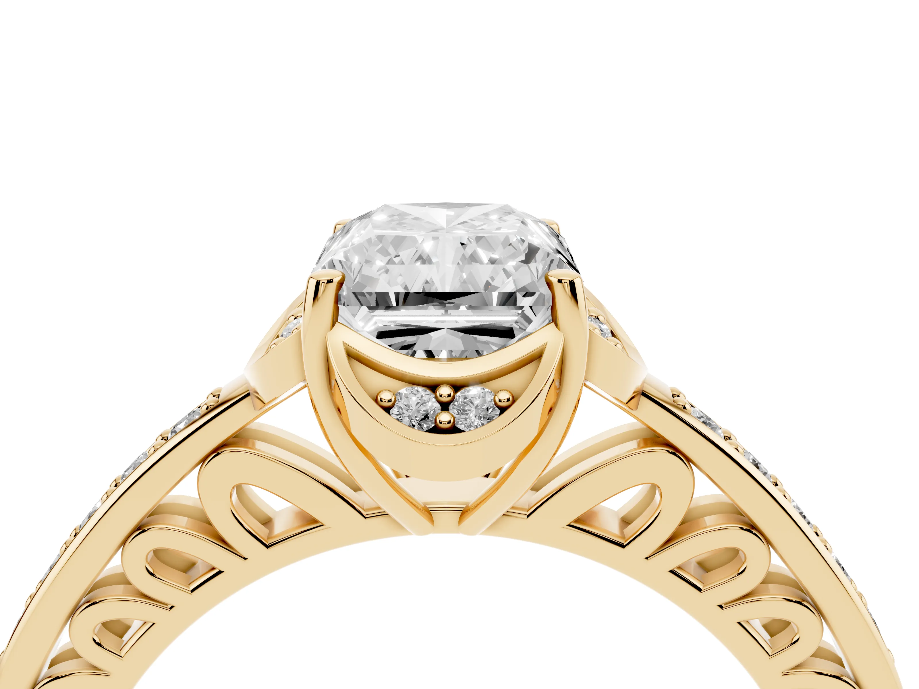 Radiant Cut Diamond Halo Ring Set in Yellow gold with Channel Set Band and Prong Setting