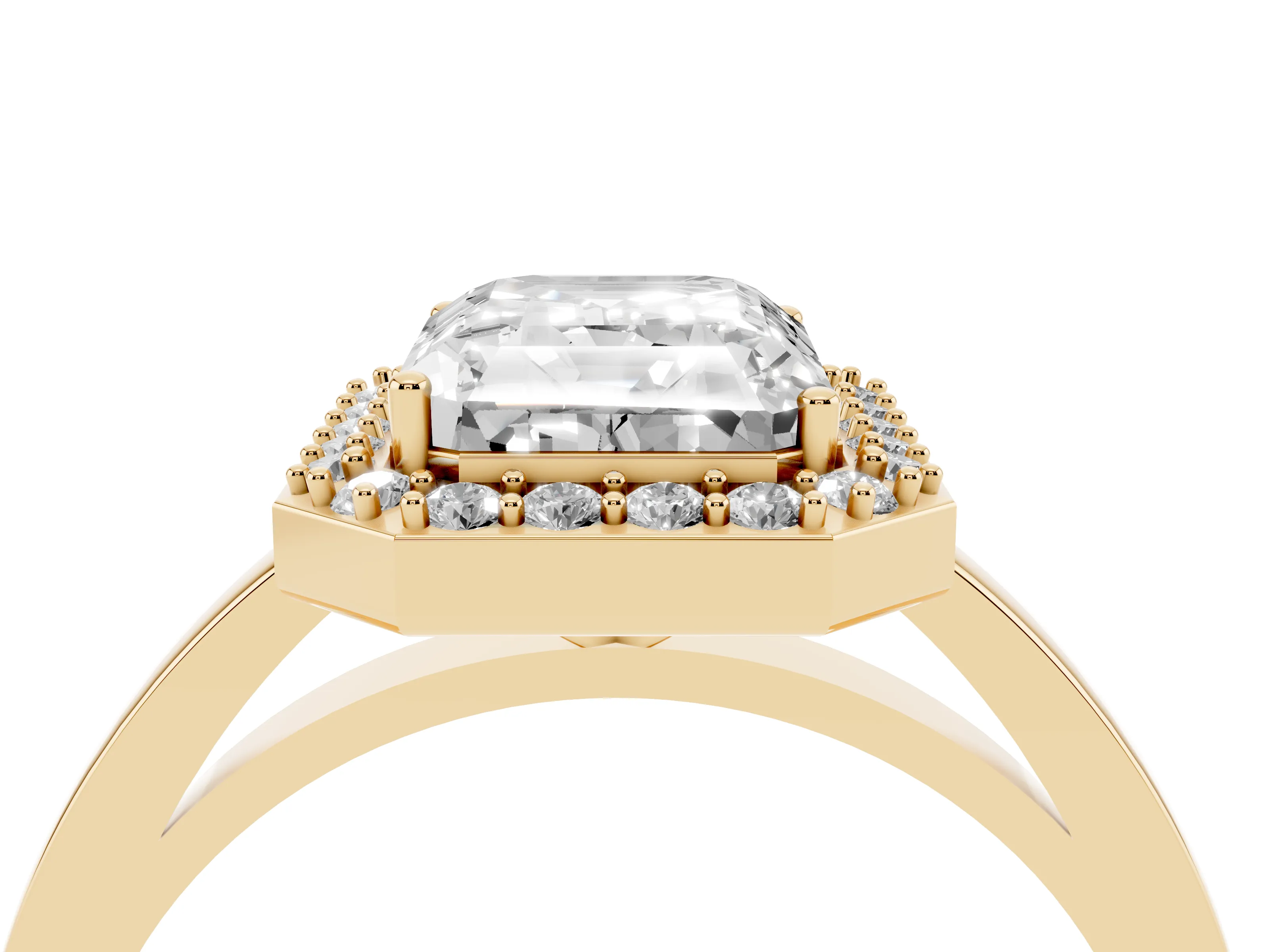 Radiant Cut Diamond Halo Ring Set in Yellow gold with Solitaire Band and Prong Setting