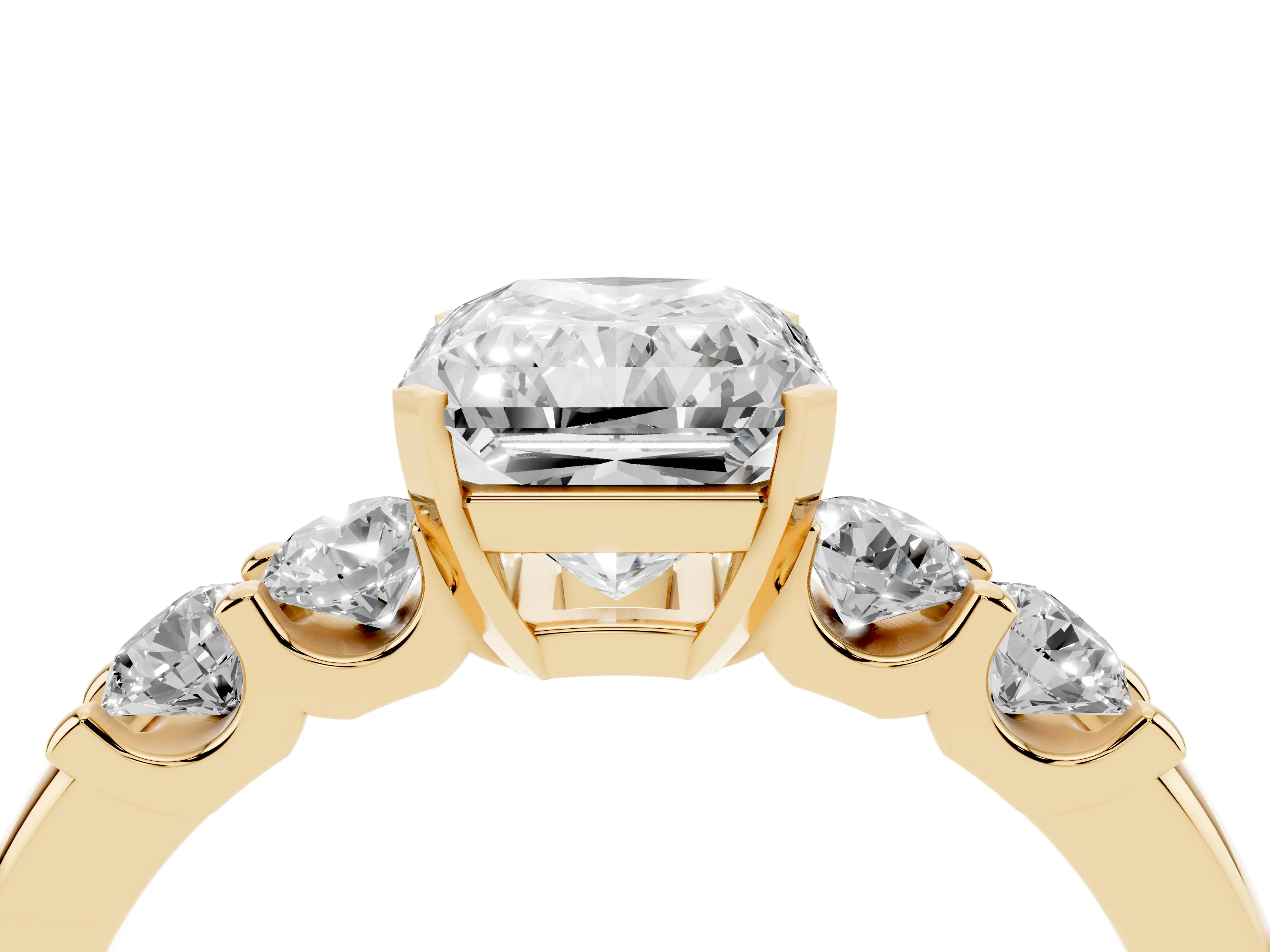 Radiant Cut Diamond Five-Stone Prong Set Engagement Ring Set in Yellow gold with Channel Band