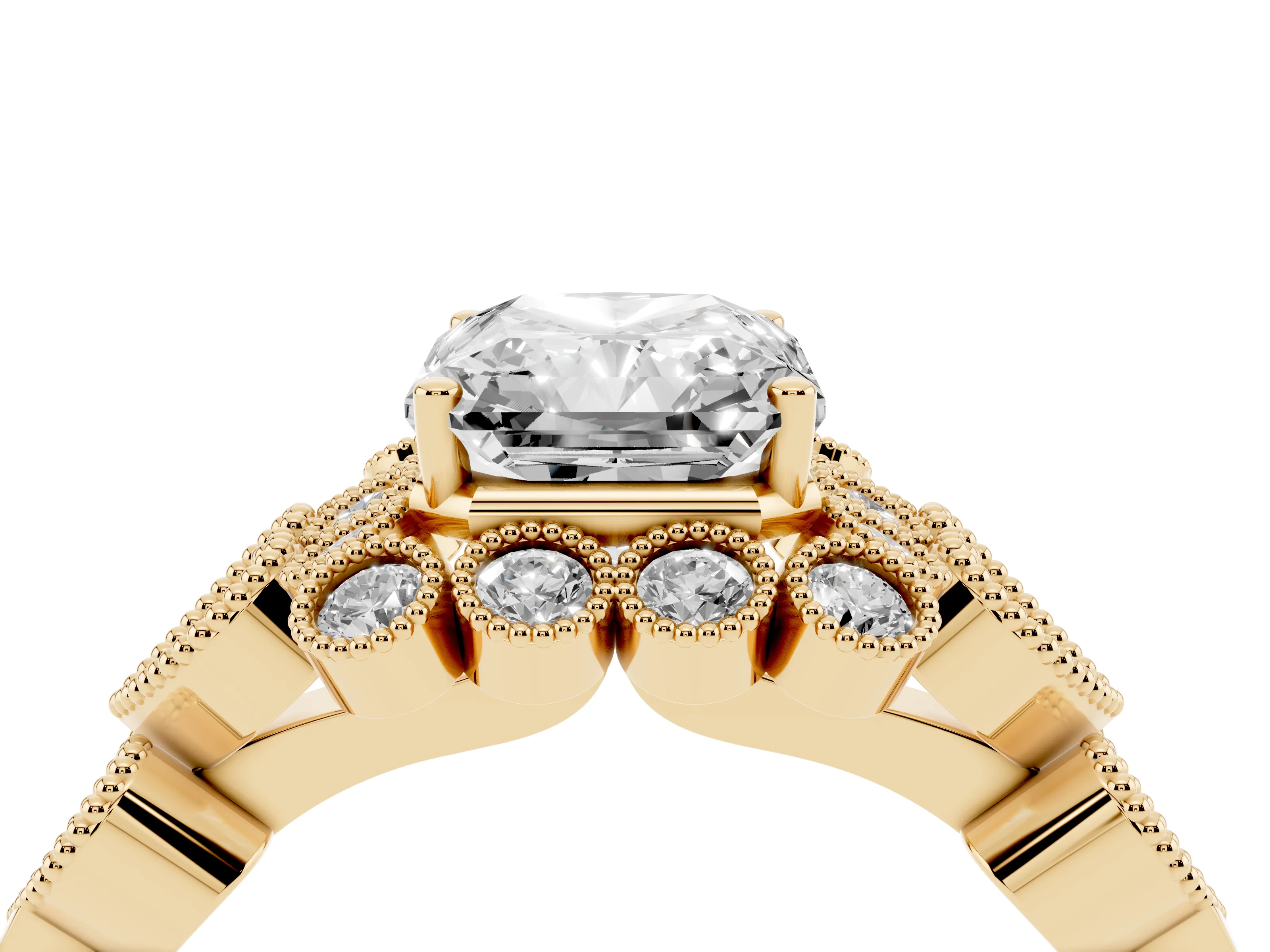 Radiant Cut Diamond Solitaire Ring Set in Yellow gold with Milgrain Pavé Heart Band