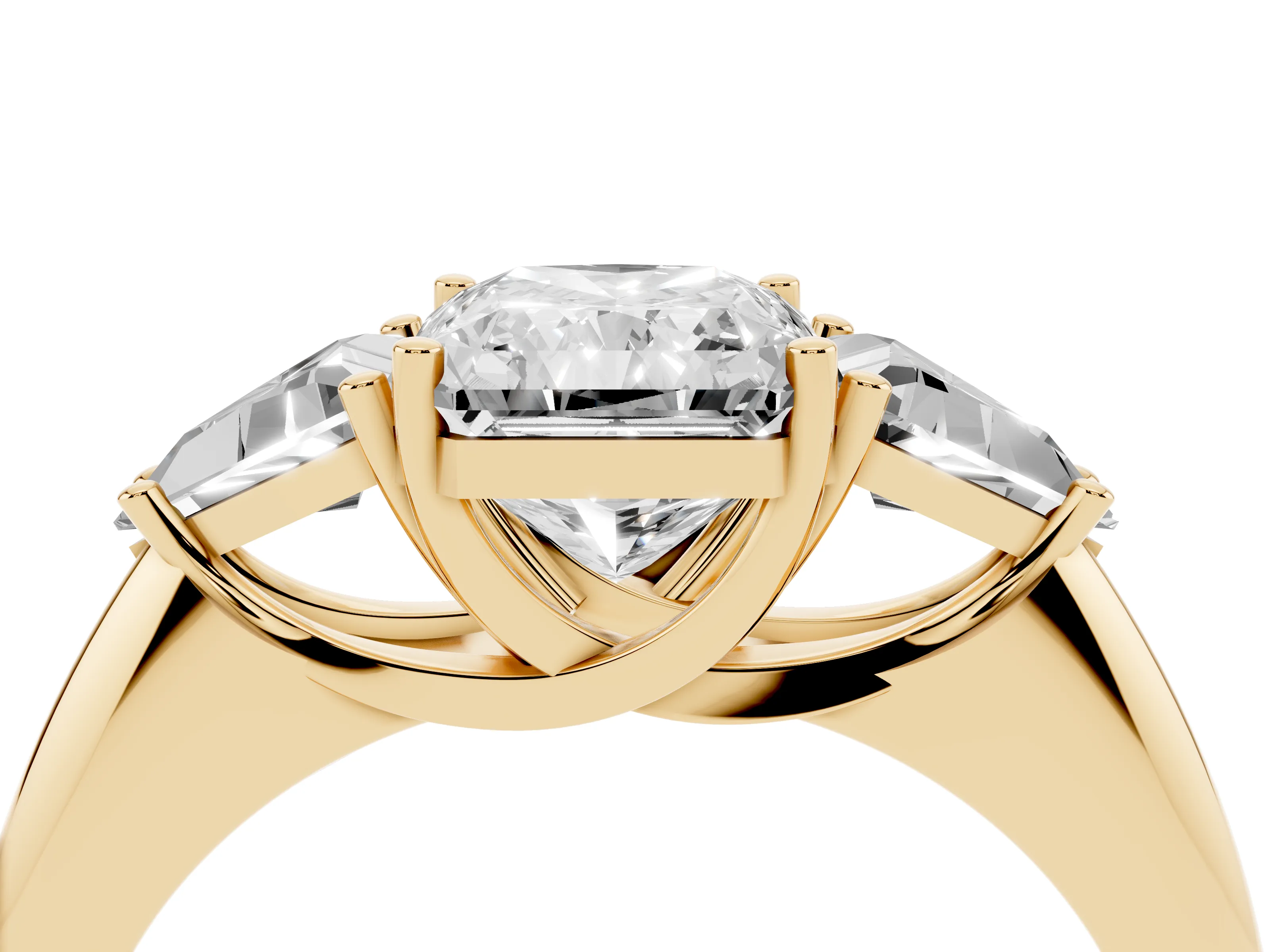 Radiant Cut Diamond Three-Stone Engagement Ring Set in Yellow gold with Trillion Side Stones