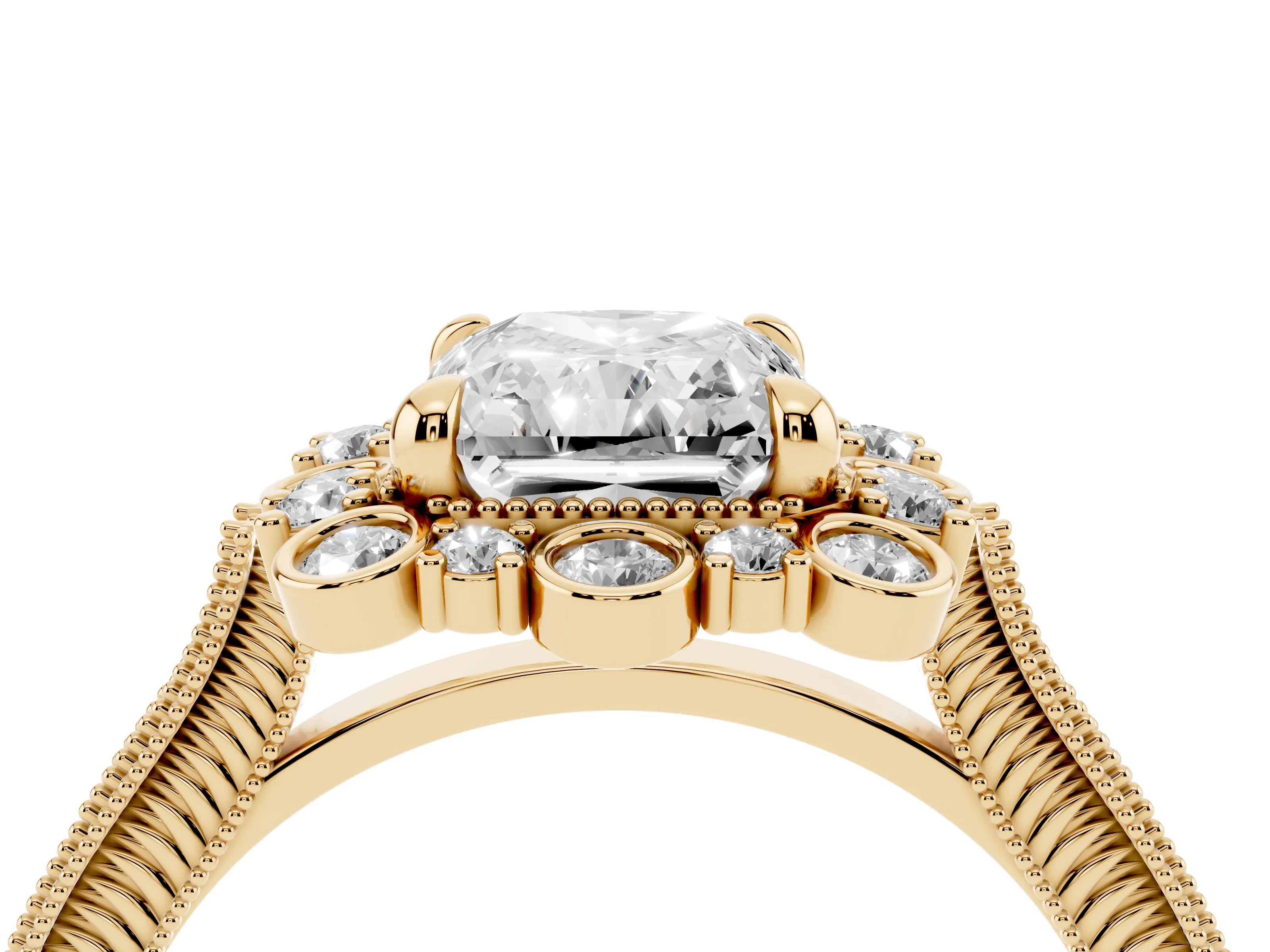Radiant Cut Diamond Halo Milgrain Pavé Ring Set in Yellow gold with Prong Setting