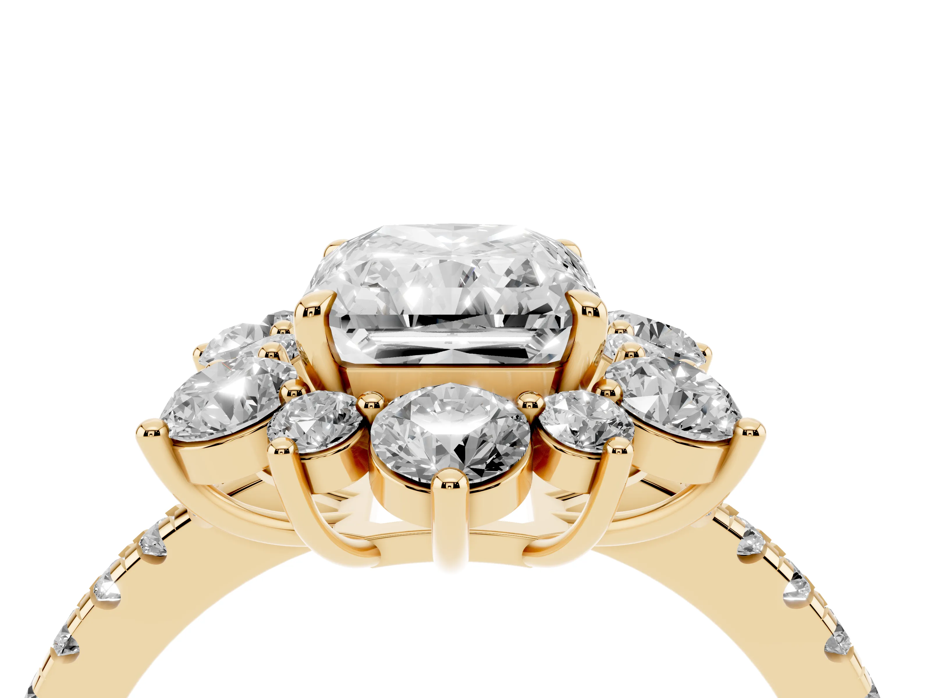 Radiant Cut Diamond Floral Halo Ring Set in Yellow gold with Round Pavé Band and Prong Setting
