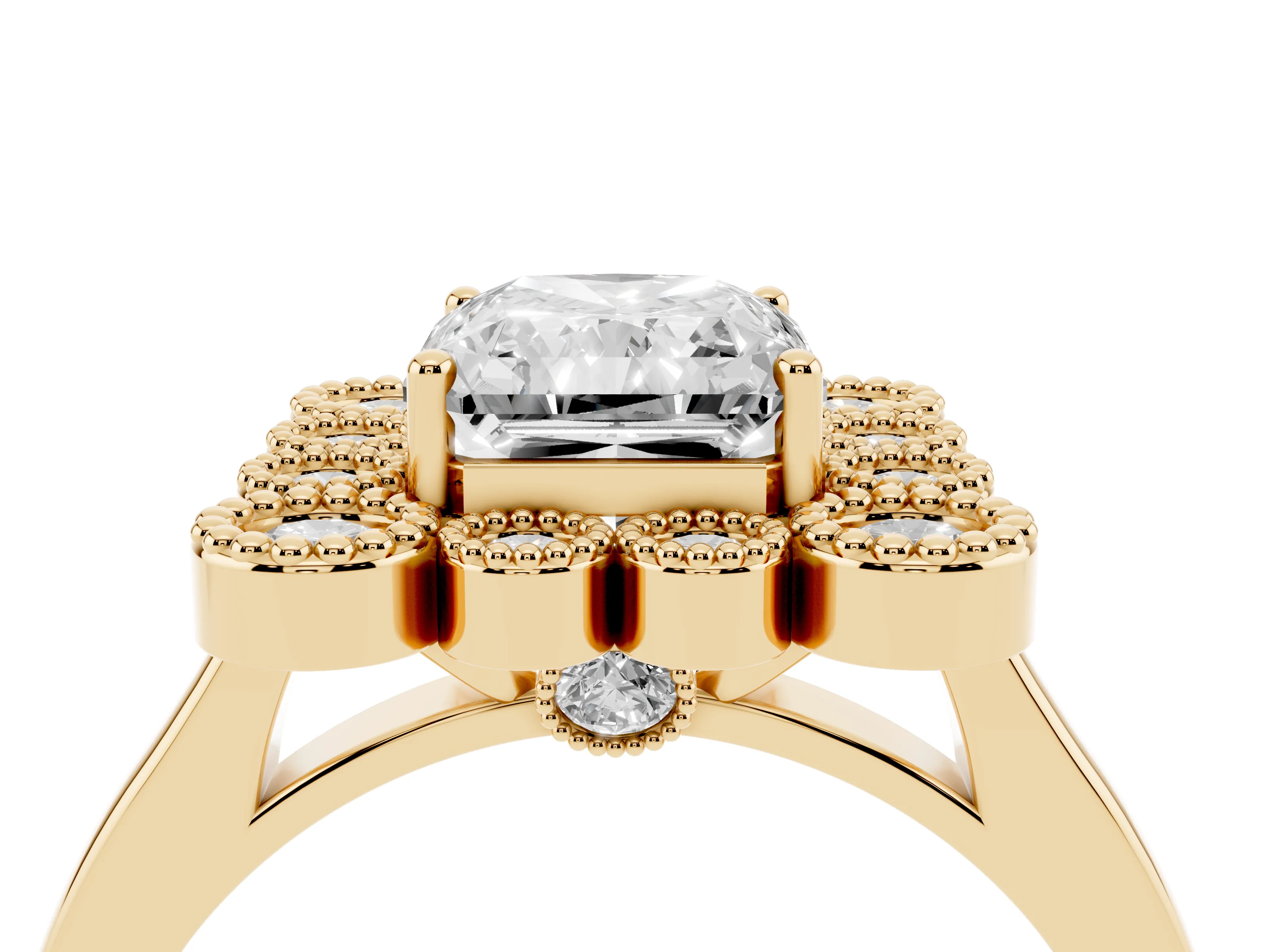 Radiant Cut Diamond Cluster Halo Ring Set in Yellow gold with Milgrain Bezel Accents and Plain Band