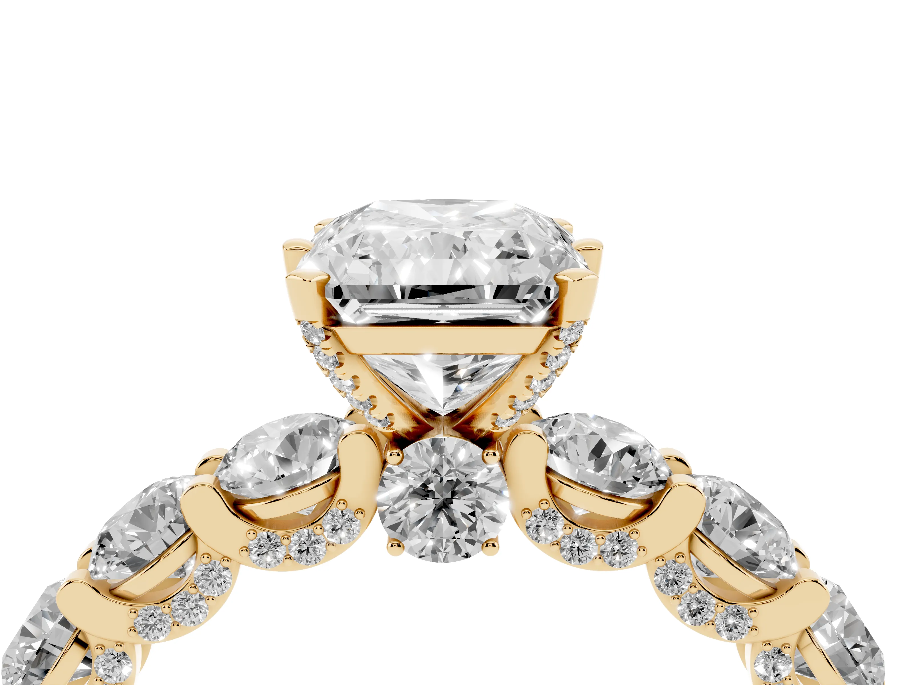 Radiant Cut Diamond Side Stone Ring Set in Yellow gold with Alternating Round and Oval Side Stones