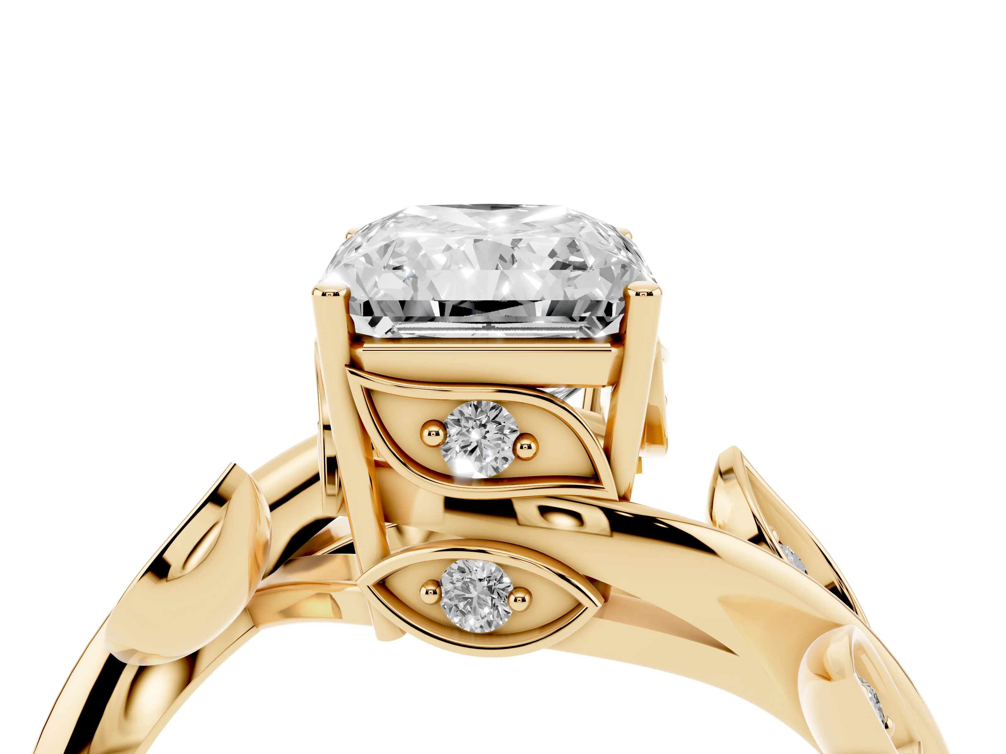 Radiant Cut Diamond Solitaire Twist Engagement Ring Set in Yellow gold with Pavé Leaf Accents