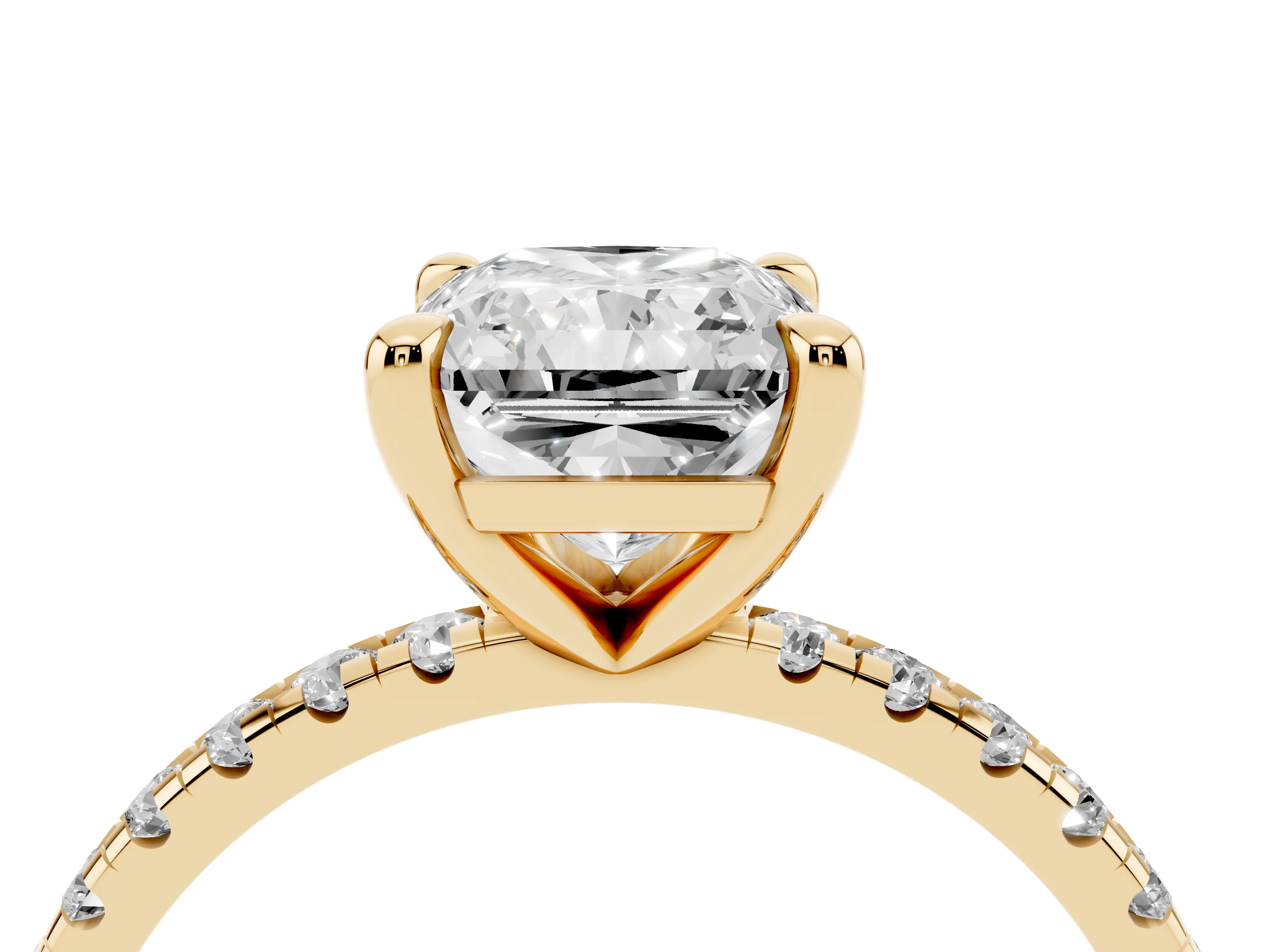 Radiant Cut Diamond Brilliant Solitaire Ring Set in Yellow gold with Pavé Band and Prong Setting