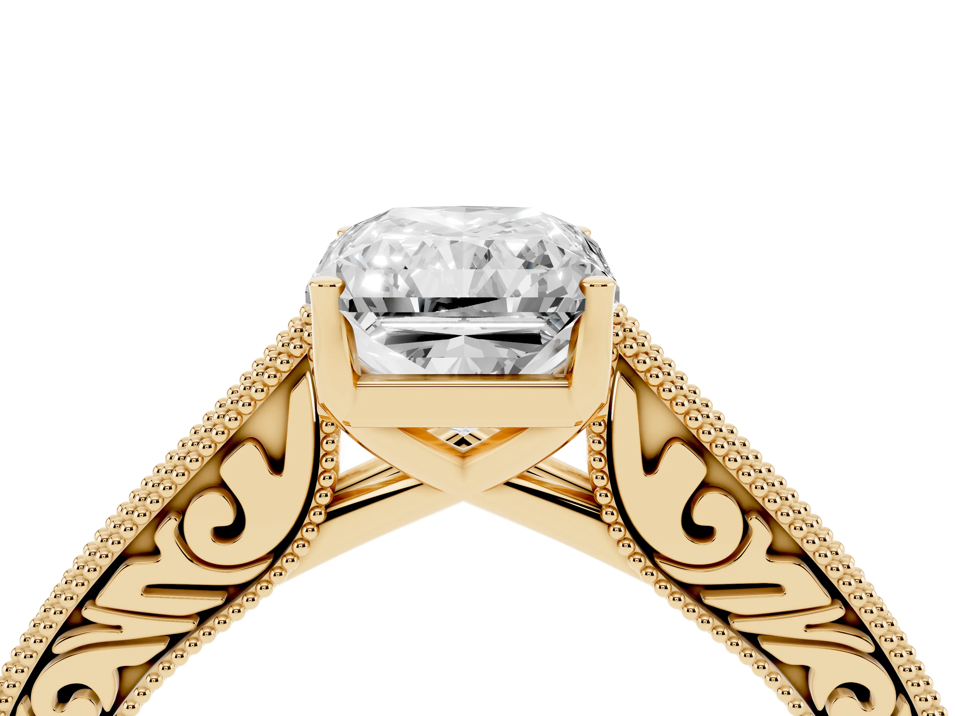 Radiant Cut Diamond Milgrain Pavé Band Solitaire Ring Set in Yellow gold with Prong Setting