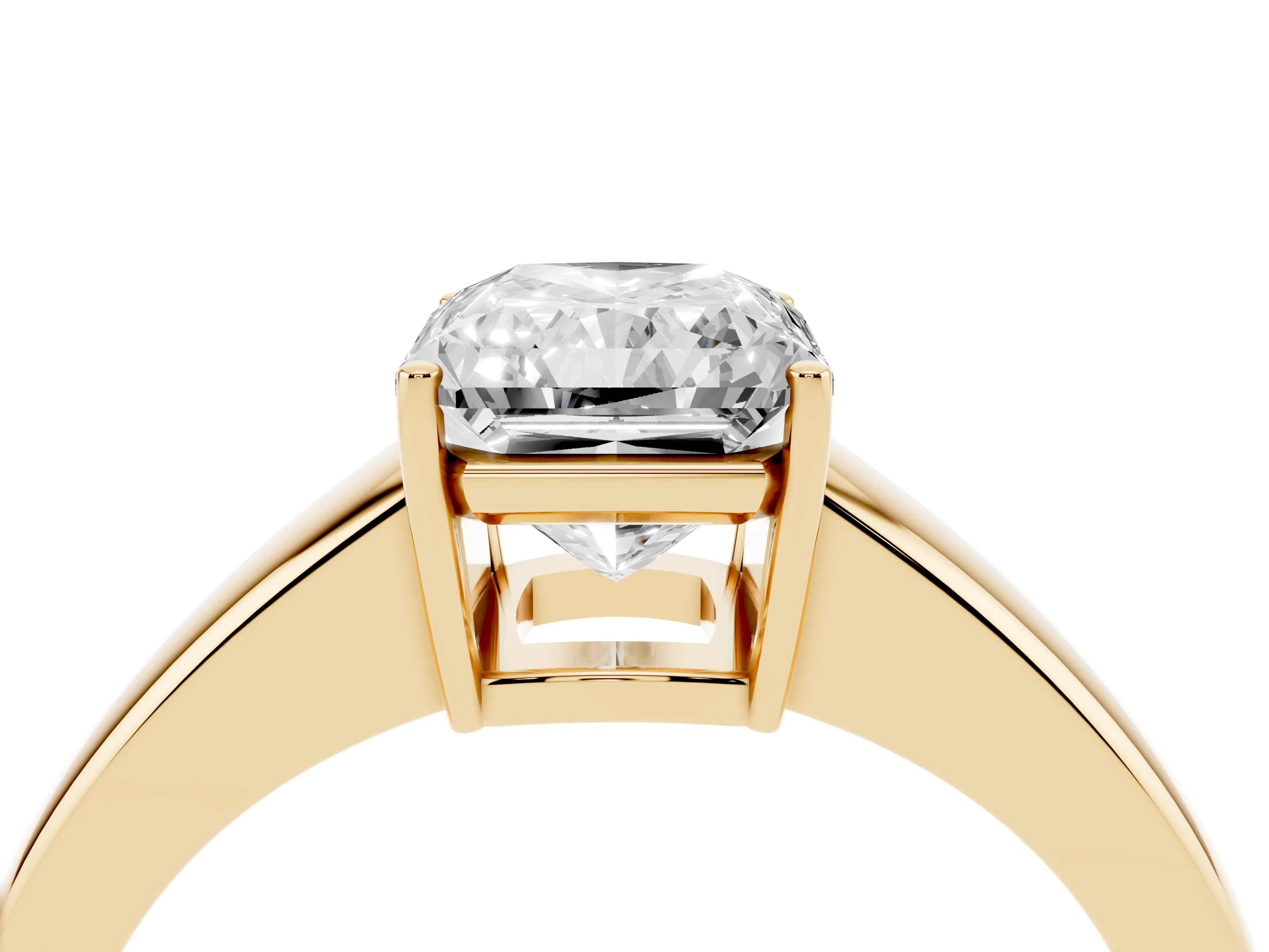 Radiant Cut Diamond Solitaire Ring Set in Yellow gold with Tapered Band and Prong Setting